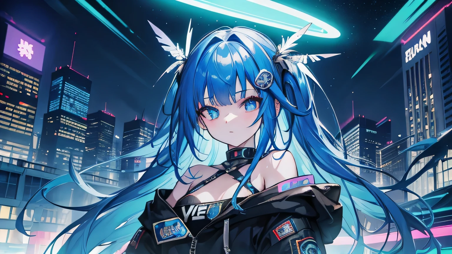 (Tabletop), highest quality, 超A high resolution,, Cyberpunk 1 girl flies through beautiful cityscape ,hoodie,Blue Hair, Neon color流れ星, Very long hair, Off the shoulder, Feather hair ornament, Neon color, Blink, Amazing night sky, Cinema Lighting, Realistic, Realistic Skin, Hmph,Fisheye Lens,(32k),