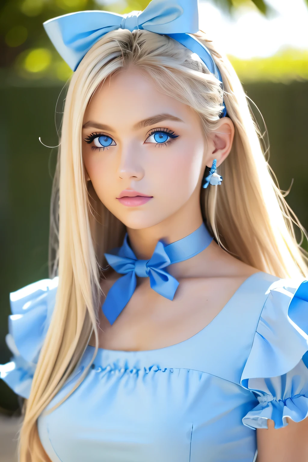 (Ultra-detailed), Cute light blue princess dress,(Frill dress),(Short sleeve),blue eyes,Upper Body、Close-up、face、Cute smile,Facing forward, 20-year-old, Teenage Girl,No tail,(No tail),2D, masterpiece, highest quality, And soul, Detailed Eyes, Big, bright, light blue eyes that shine beautifully、Detailed face, With a girl, Only one person,Blonde super long hair, (Blonde), Ear hair, , Single Blade, (Single Blade), (Side Blade), Pink ribbon, Ribbon on neck, (White sleeves), Background bokeh