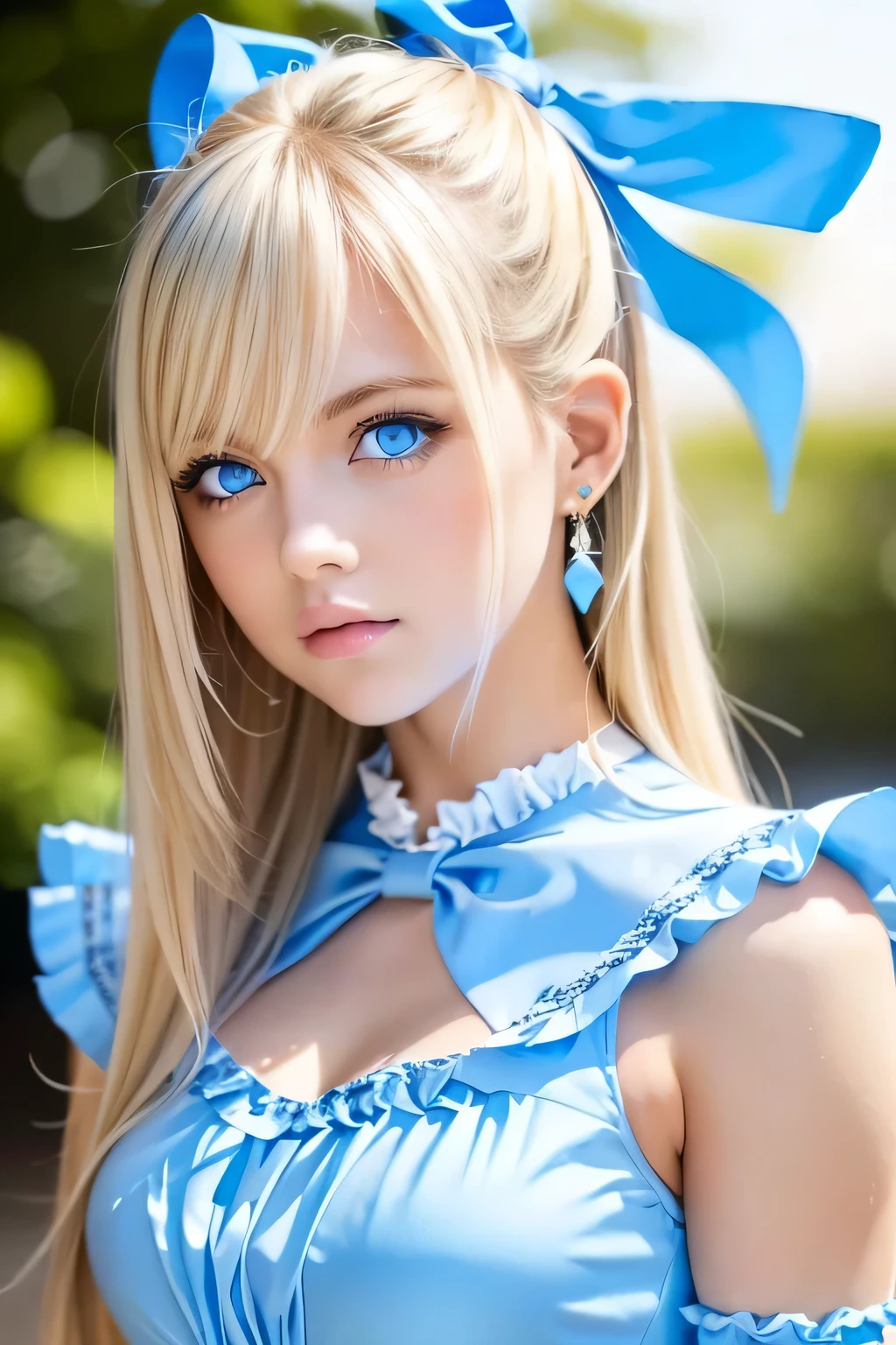 (Ultra-detailed), Cute light blue princess dress,(Frill dress),(Short sleeve),blue eyes,Upper Body、Close-up、face、Cute smile,Facing forward, 20-year-old, Teenage Girl,No tail,(No tail),2D, masterpiece, highest quality, And soul, Detailed Eyes, Big, bright, light blue eyes that shine beautifully、Detailed face, With a girl, Only one person,Blonde super long hair, (Blonde),  Ear hair, , Single Blade, (Single Blade), (Side Blade), Pink ribbon, Ribbon on neck, (White sleeves), Background bokeh