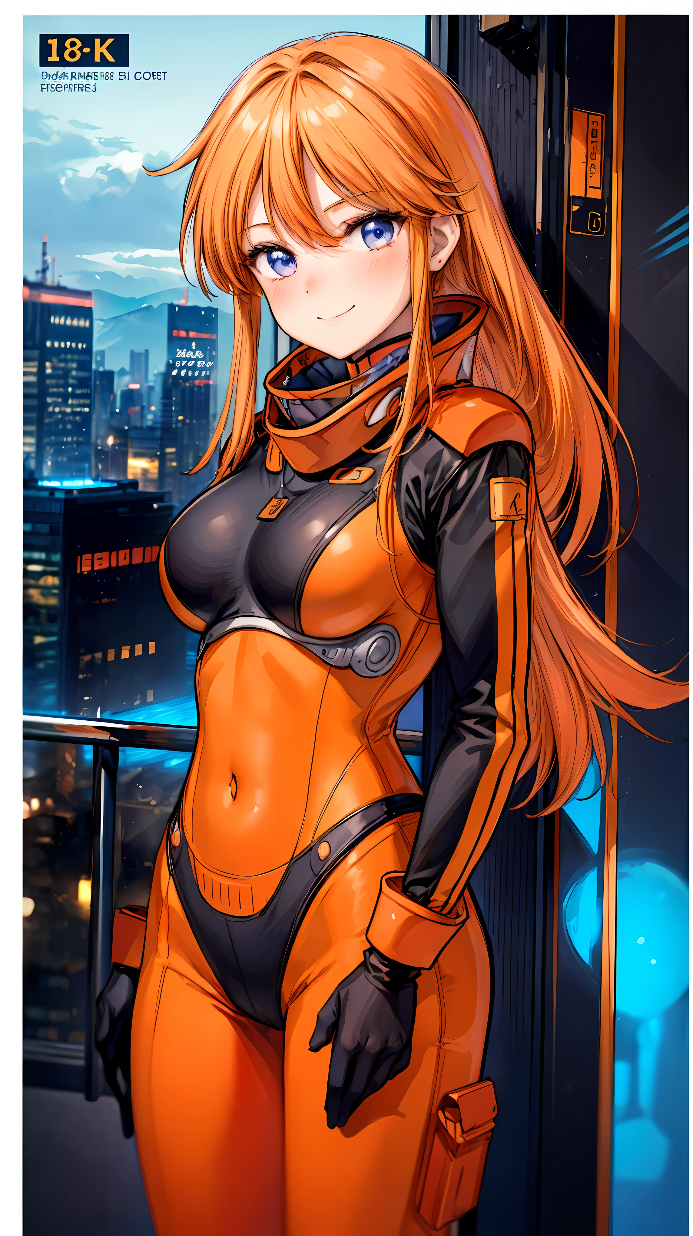 Very detailed、highest quality、Best image quality、masterpiece、8k、Anime Face、A kind smile、(lppl2:1.3)、Orange Hair、Exposed pilot suit、Big Breasts、Cowboy Shot、Side view、ckundies