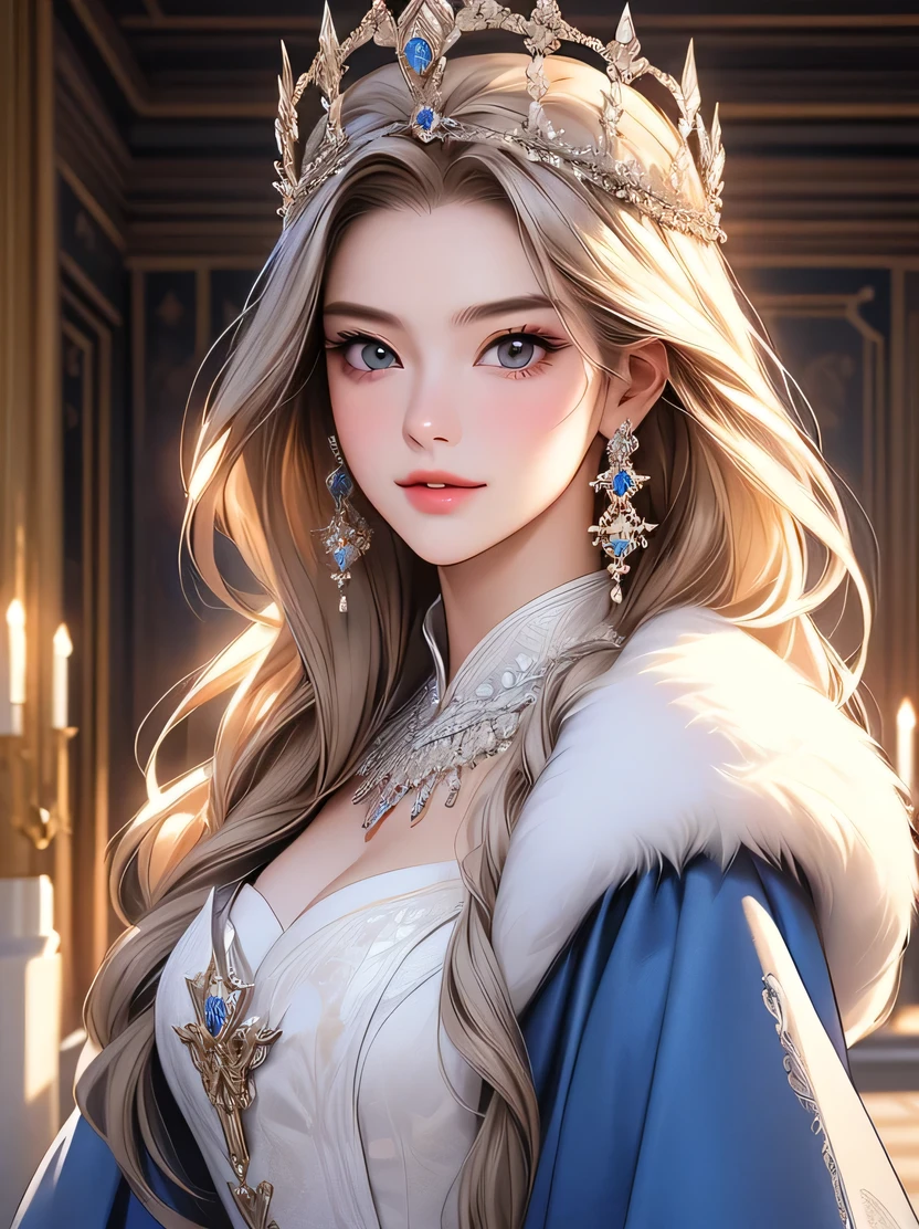 ((masterpiece、highest quality、Very detailed、High resolution、Photorealistic、Sharp focus、Cinema Lighting))、((One Woman、Bust Shot、Focus on the chest up、Face Light))、High contrast、blonde、Perfect Eyes、Perfect Iris、Perfect Lips、Perfect Teeth、Perfect Skin、crown、A gorgeous tunic with an intricate pattern、Blue cloak with white fur collar、gem、smile、Detailed hand drawing、View your viewers、The palace room