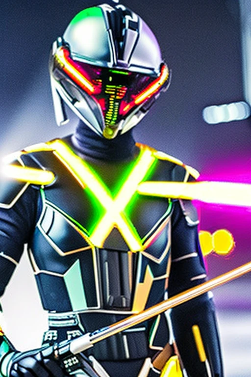Cybernetic bodysuit and cybernetic helmet(With round dragonfly-like eyes)An image of a man wearing a helmet holding a lightsaber-like weapon in his hand in a city at night with the aurora shining