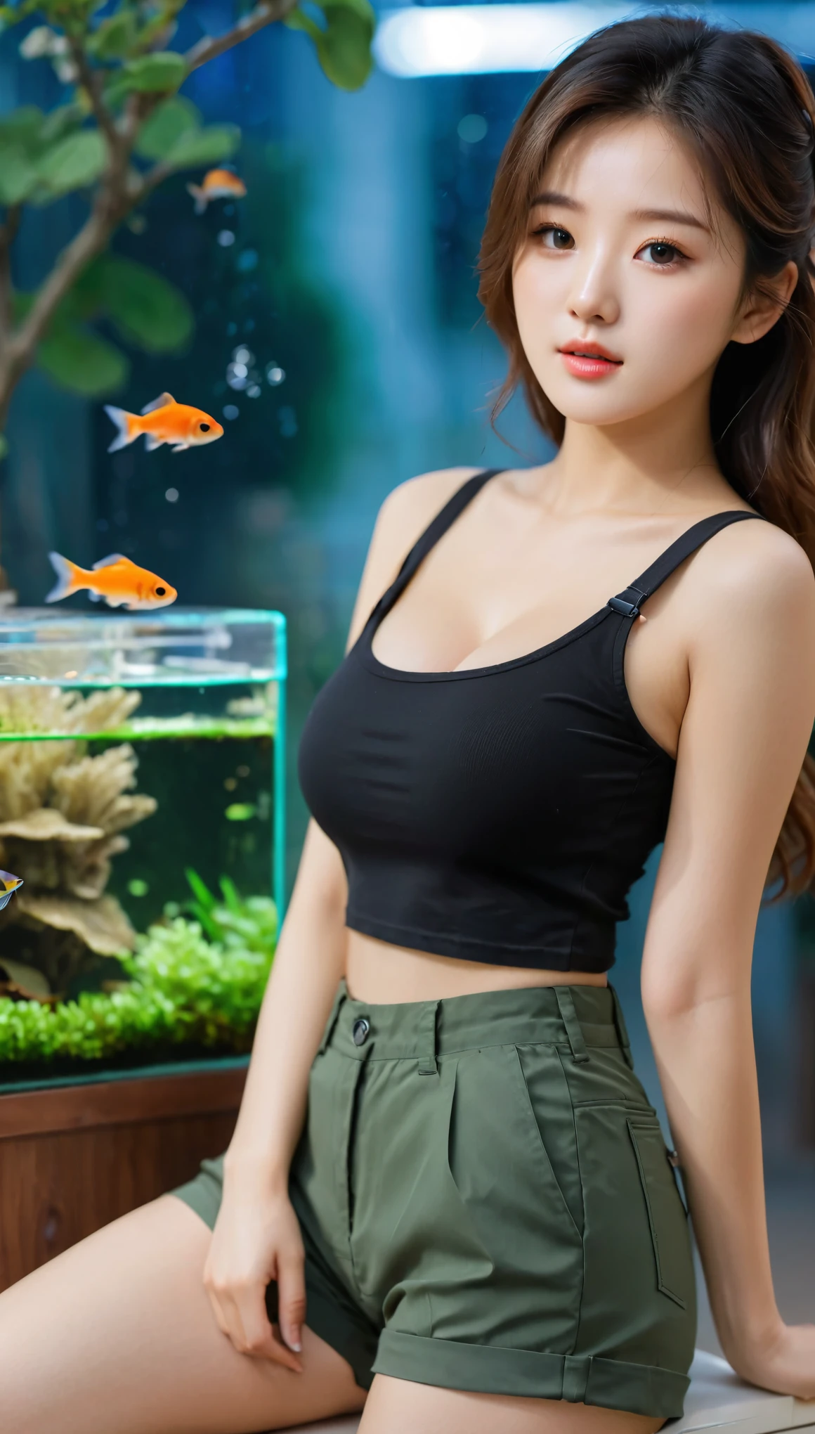 close-up of beautiful korean female, 34 inches breasts size, wearing tank top, pants, with mini fish tank, bokeh background, UHD 