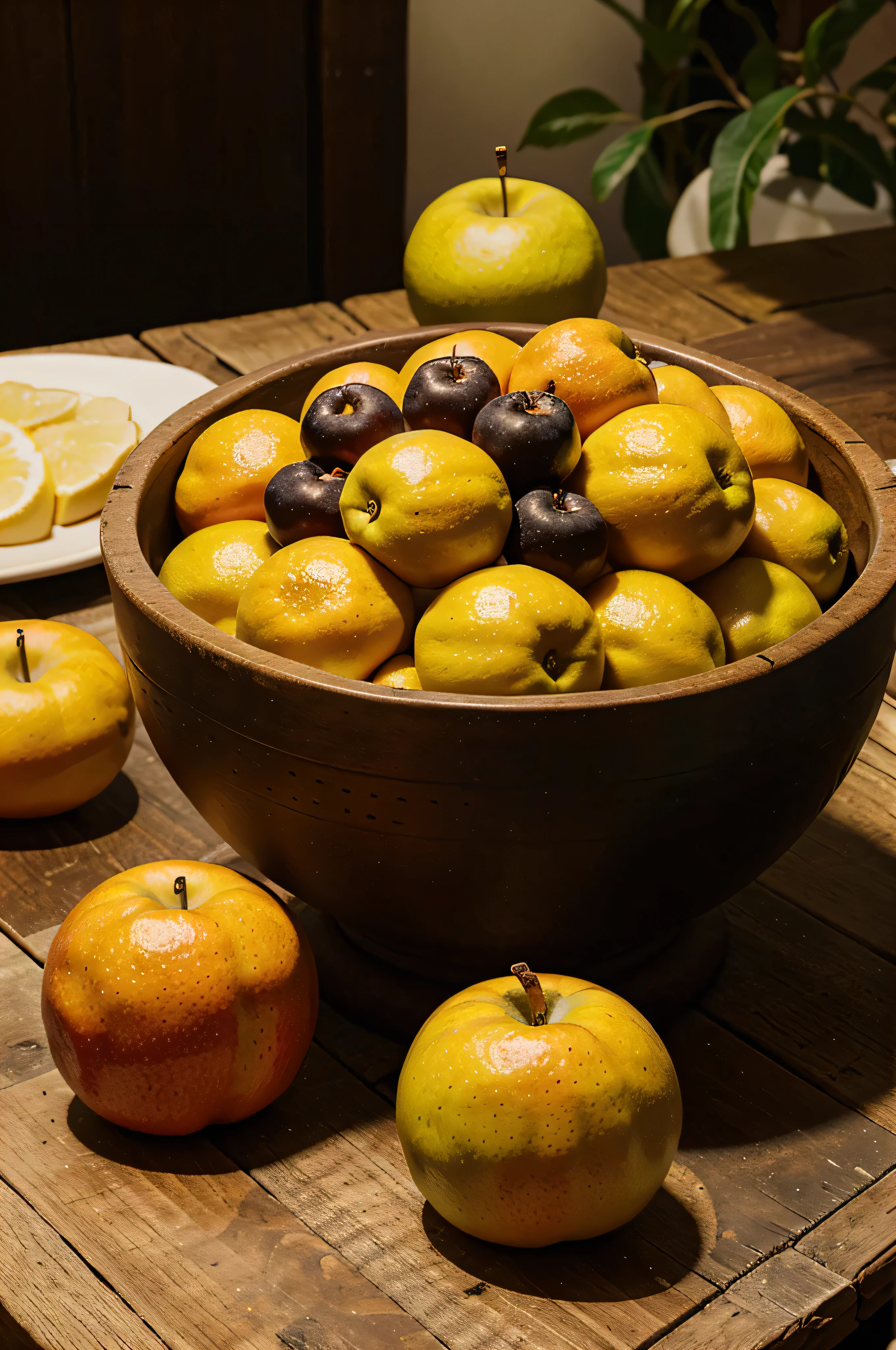 antique still life painting, jarron sobre una mesa, en el cual se encuentra tambien una bandeja con distitos tipos de frutas como manzanas duraznos naranjas pintado al oleo,