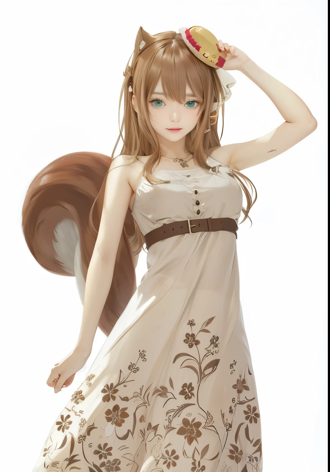 1girl, brown hair, armpit, maxi strap dress, detailed face
