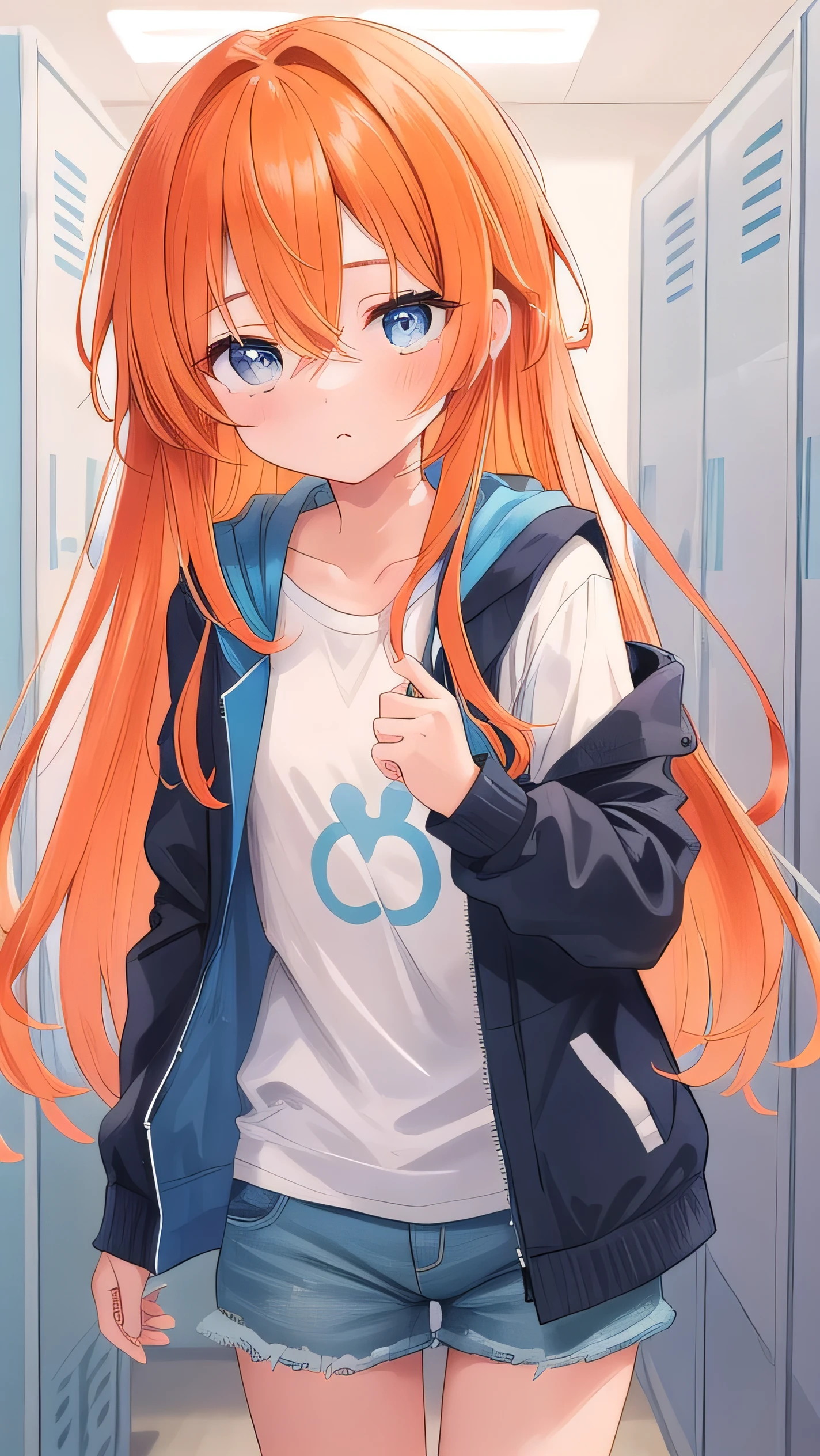 Girl, (orange hair: 1.5), deep blue eyes, (big eyes: 1.1), (sagging eyes: 1.5), very long hair, hair between eyes, cyan long-sleeved hoodie, white T-shirt, dark blue shorts, white sneakers, (flat chest), (straight hair), very short, only , droopy eyes, wearing a jacket, , wearing a jacket, short height, young face , sleepy face, smooth straight hair, locker room, beautiful eyes