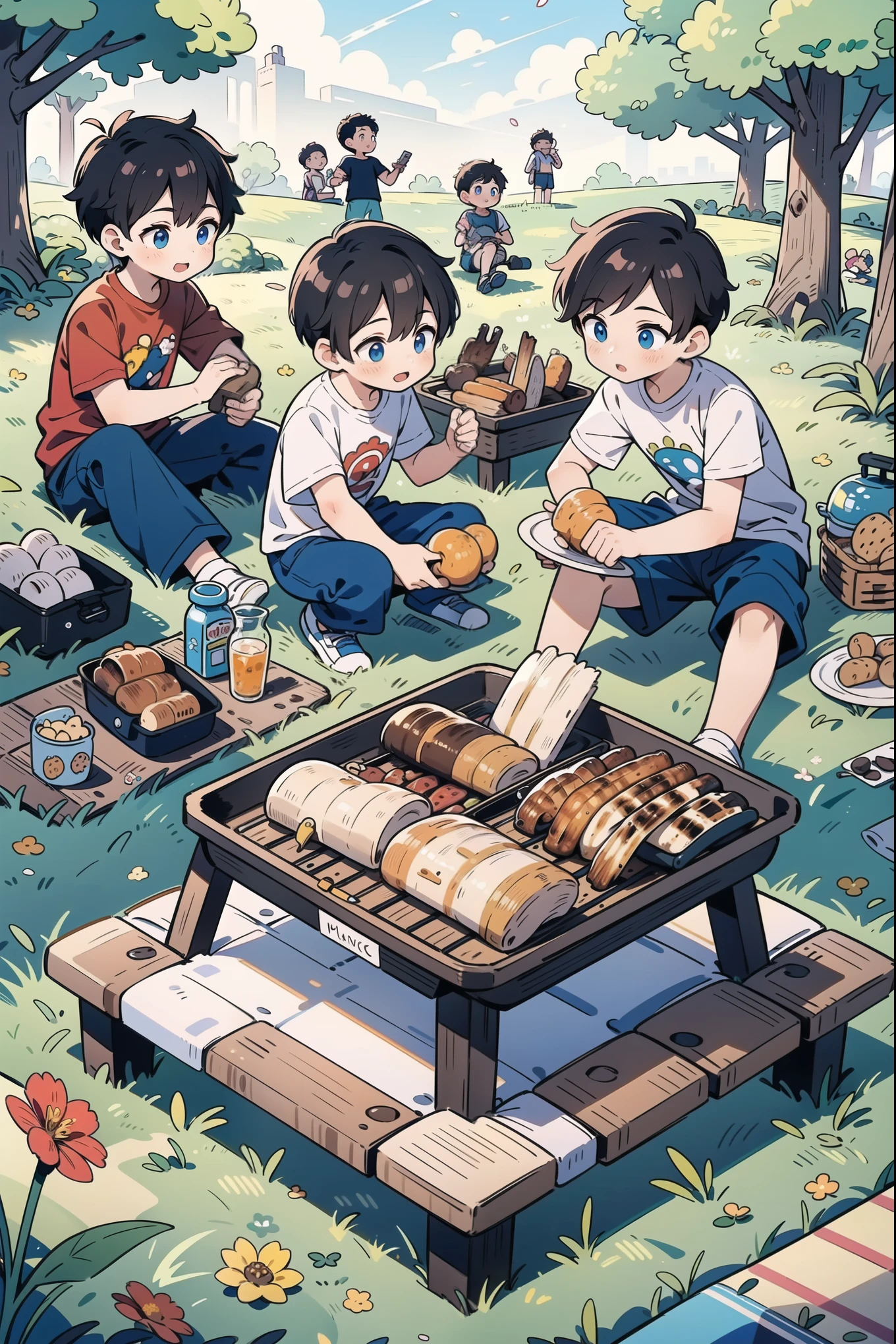 (5 boys watching and playing with each other), whole body (Laurie: 1.2), camping, picnicking, barbecue, barbecue, summer, flowers, evening, shoes, children's illustrations, masterpieces, best quality,