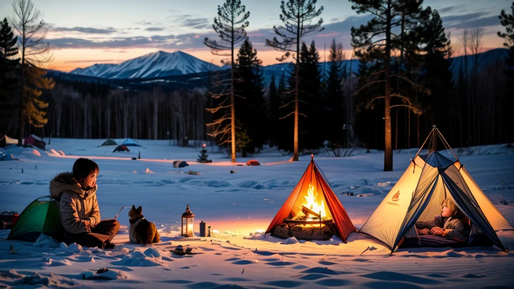 Outdoor Camping、winter、tent、hammock、A girl and a small animal warm themselves by a bonfire
