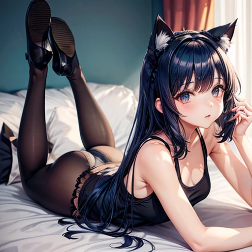 A girl with a ta figure, dark blue hair, cat ears and a tail, wearing a tank top and leggings. Spread your legs