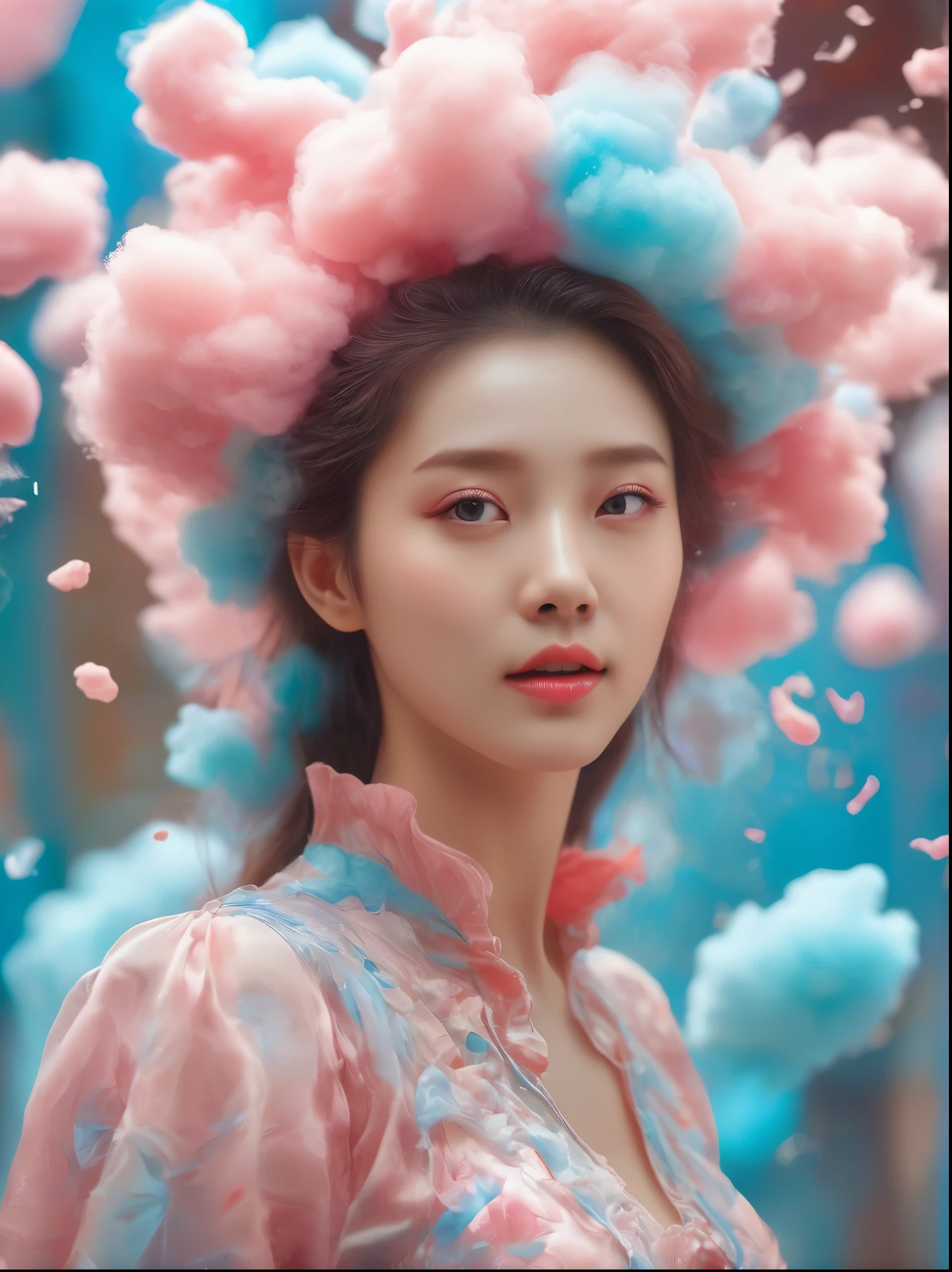 (超Reality:1.4)，(((Full body shot:1.5)))，original，emotion，dynamic，扭曲emotion效果，Energetic，Use unusual colors，Lovely photography，(Reality，Photo Realism:1.4)，Stylized image of a girl made of pink and blue cotton candy，Fantastic，Delicate eyes，Delicate face，Delicate skin，Delicate hands，light smile, fang, Surrealism, drop shadow, anaglyph, stereogram, tachi-e, pov, atmospheric perspective, 8k, super detail, ccurate, best quality, anatomically correct, textured skin