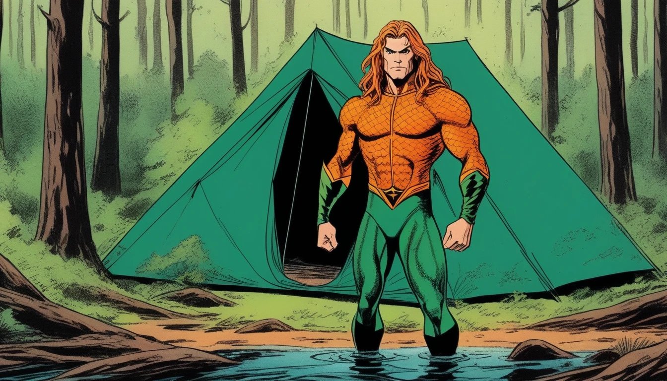 Aquaman (Orin, Arthur Curry, vintage, orange and green costume), Outdoor camping, mesh tent, rotoscope, cinematic, hyperrealism cartoon, hyper maximal, strange, nature colors, shading for depth, 90's expressive comic style, aquatic sea hero in the forest woods,
