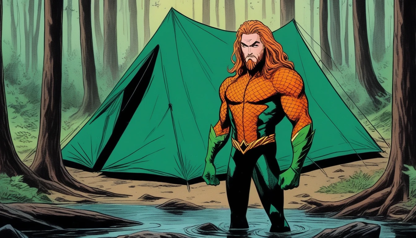 Aquaman (Orin, Arthur Curry, vintage, orange and green costume), Outdoor camping, mesh tent, rotoscope, cinematic, hyperrealism cartoon, hyper maximal, strange, nature colors, shading for depth, 90's expressive comic style, aquatic sea hero in the forest woods,
