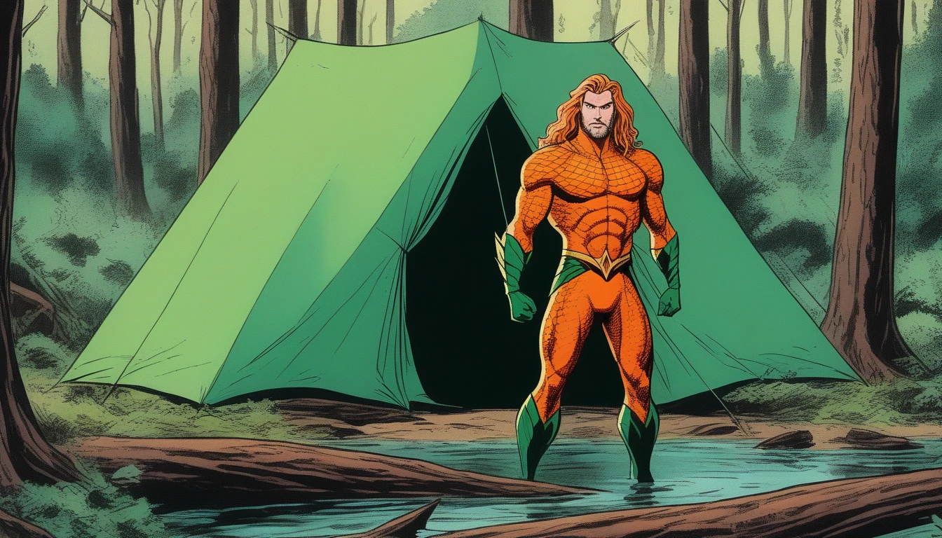 Aquaman (Orin, Arthur Curry, vintage, orange and green costume), Outdoor camping, mesh tent, rotoscope, cinematic, hyperrealism cartoon, hyper maximal, strange, nature colors, shading for depth, 90's expressive comic style, aquatic sea hero in the forest woods,
