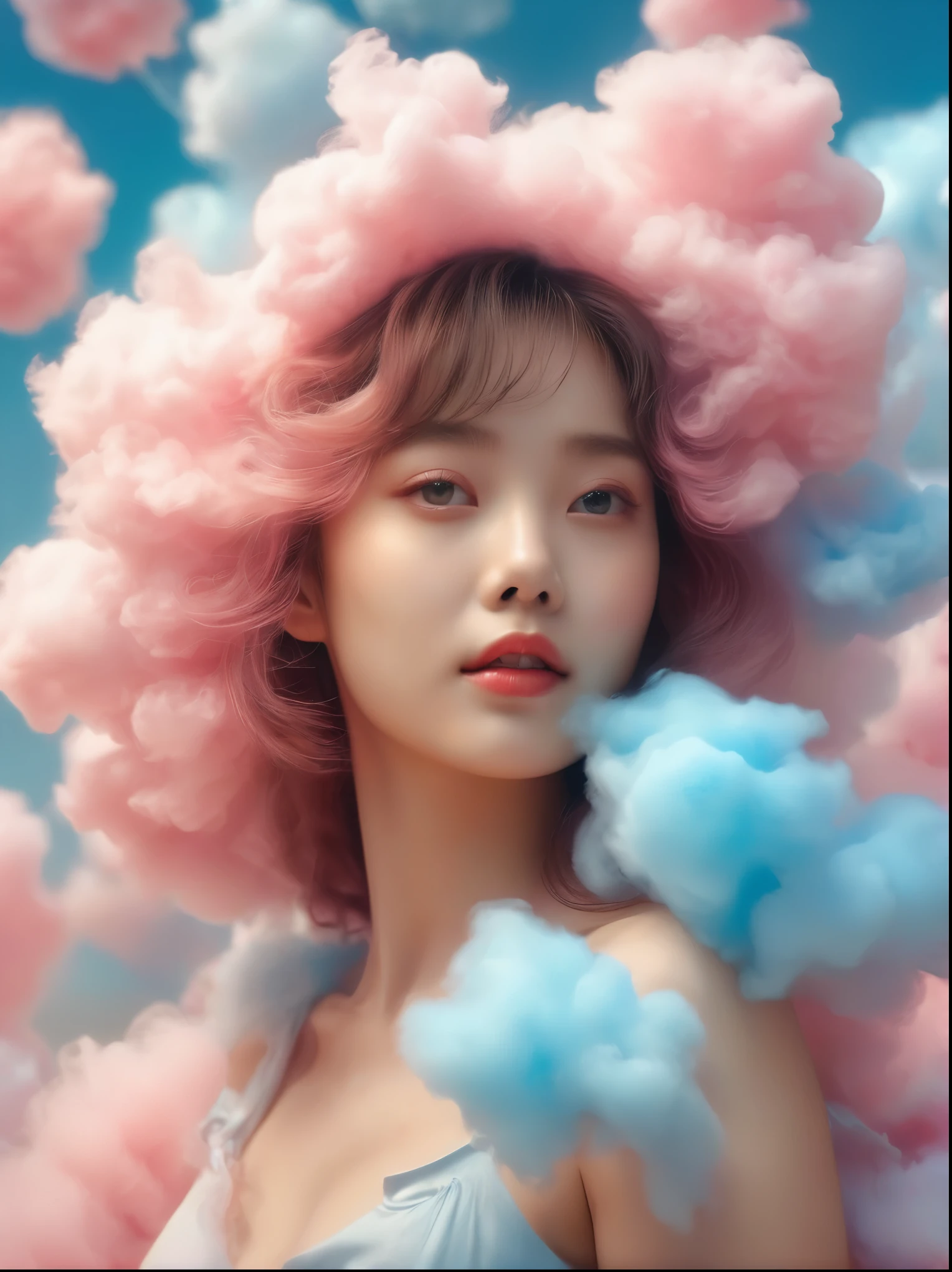 (超Reality:1.4)，(((Full body shot:1.5)))，original，emotion，dynamic，扭曲emotion效果，Energetic，Use unusual colors，Lovely photography，(Reality，Photo Realism:1.4)，Stylized image of a girl made of pink and blue cotton candy，Fantastic，Delicate eyes，Delicate face，Delicate skin，Delicate hands，light smile, fang, Surrealism, drop shadow, anaglyph, stereogram, tachi-e, pov, atmospheric perspective, 8k, super detail, ccurate, best quality, anatomically correct, textured skin