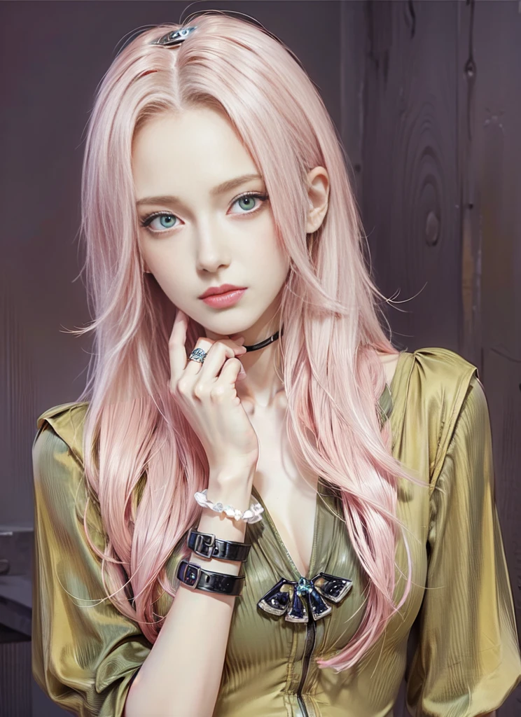 young woman, short shoulder-length pink hair, wide forehead, porcelain skin, pink eyebrows, big emerald green eyes, buttoned nose, full lips, heart-shaped face, slender body, small breasts, red tank top, Sakura Haruno , realistic, realism, details, 3d, well detailed
