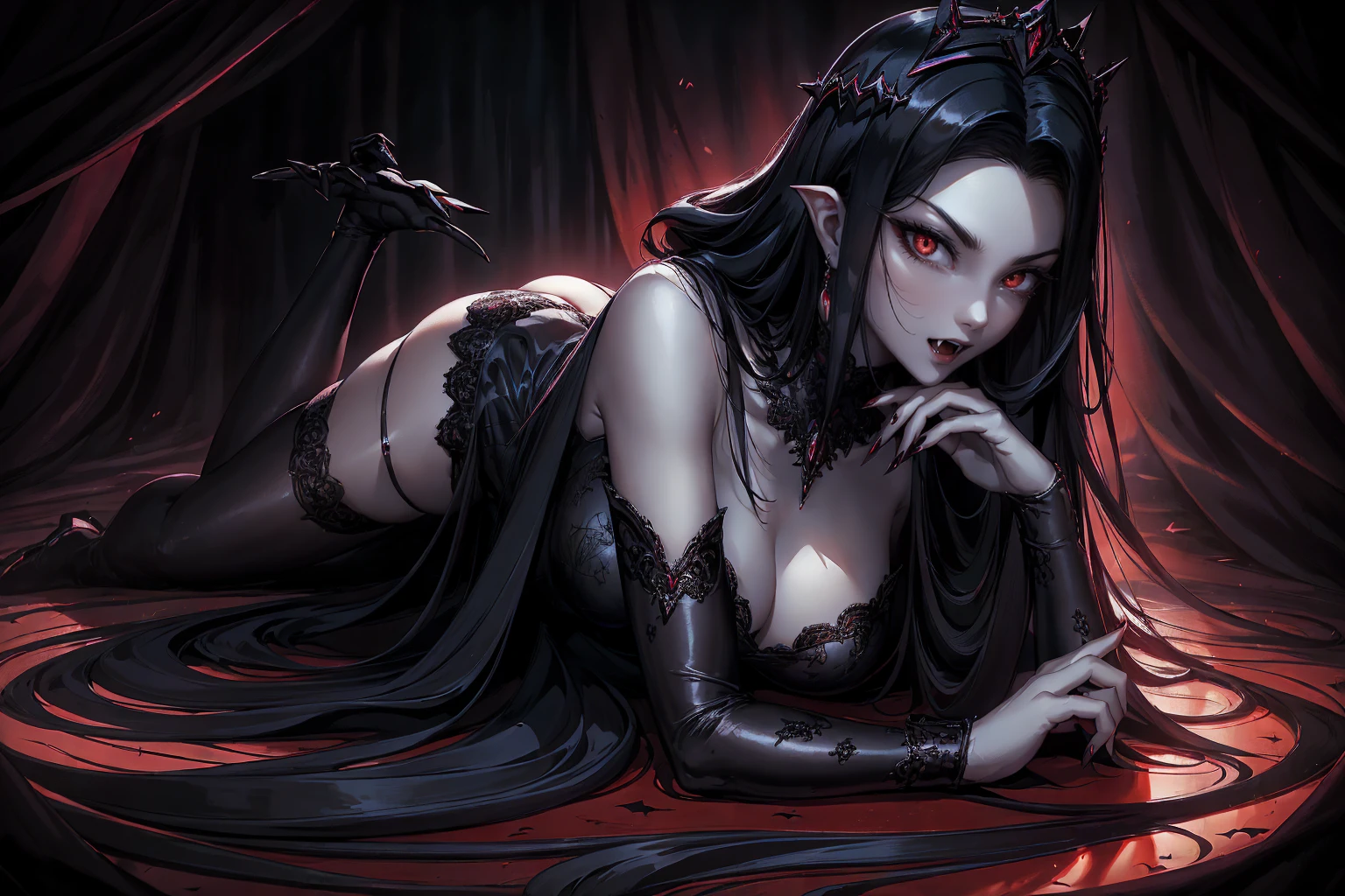 absurdres, ((stunning female Vampire))), goth Renaissance, (long black hair:1.erfect and detailed angular sharp oval shaped face, ((redeyes)), jewelry, red and black tetradic colors, full lips, gothic castle background, (solo), perfect anatomy, approaching perfection, ethereal, intricate details, ultra-high definition, 12k resolution, goth aesthetic, smooth, sharp focus, dreamy, glowing, backlit, glamour, glimmer, fantastical, shadows, smooth, Gothic crown, laying on the blood, perfect hands,