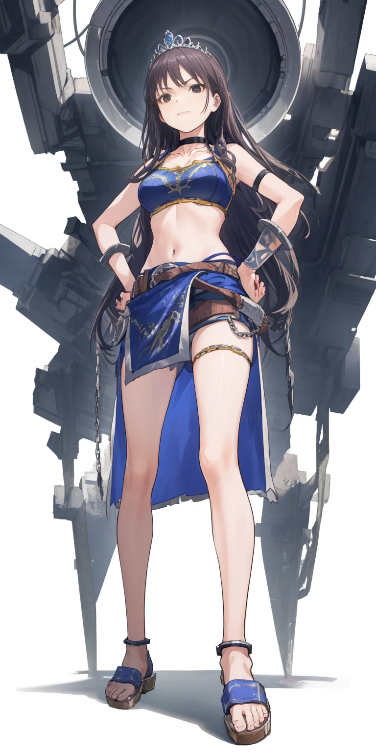 full body whole body 1sologirl loincloth standing warrior proud expression, hands on hips, metal sandals, choker, big belt, view from below, feet together, bracers, tiara