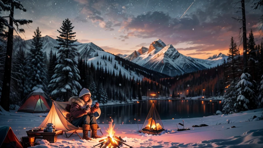 a girl sitting in a hammock near a campfire in a snowy winter landscape, cozy warm glow, cute small animals around, detailed facial features, high quality, cinematic lighting, photorealistic, beautiful winter scenery, snow covered pine trees, mountains in the background, warm colors, campsite with tent, campfire sparks, soft focus, intricate details