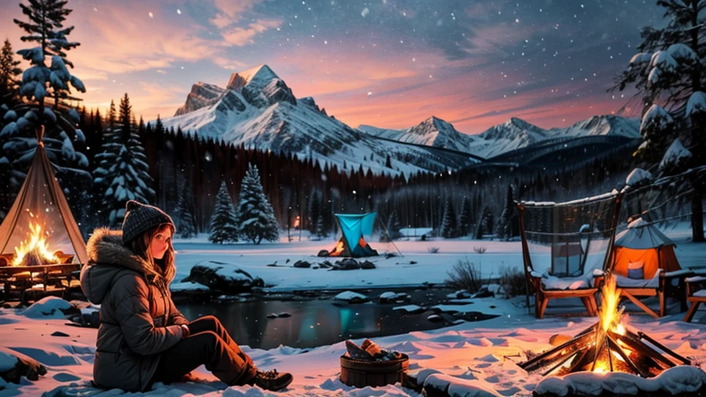 a girl sitting in a hammock near a campfire in a snowy winter landscape, cozy warm glow, cute small animals around, detailed facial features, high quality, cinematic lighting, photorealistic, beautiful winter scenery, snow covered pine trees, mountains in the background, warm colors, campsite with tent, campfire sparks, soft focus, intricate details