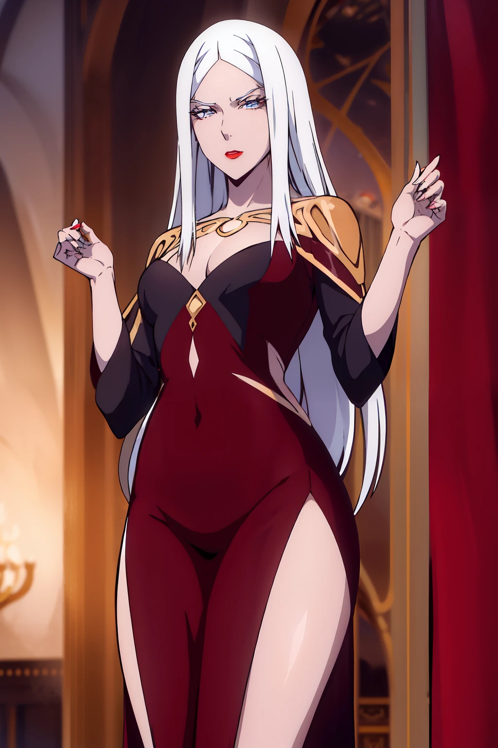 carmilla, pechos medianos, vestido negro, pelo blanco, hermoso rostro, ojos azules, (Obra maestra:1.2), Mejor calidad, absurdos, high resolution, fondo de pantalla extremadamente detallado, perfect lighting, Desde abajo, medias, stockings, tacones, hig heels