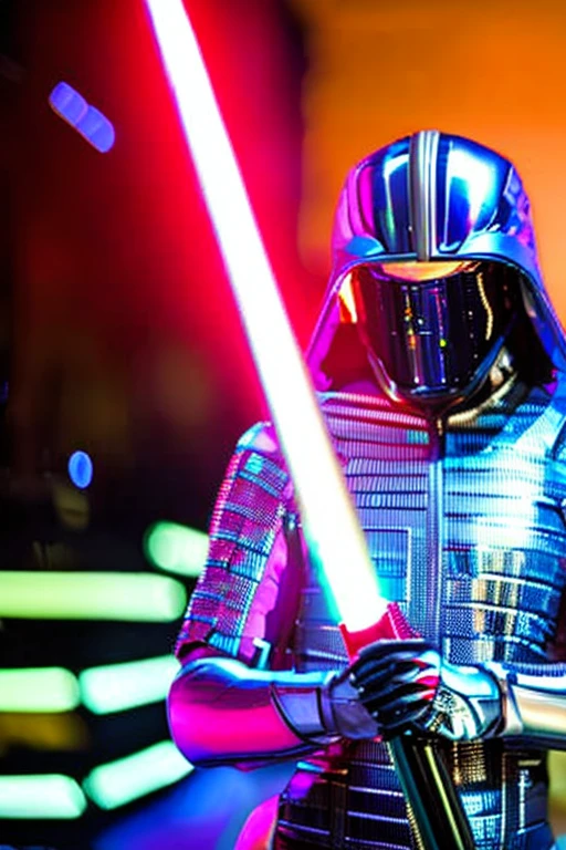 Cybernetic bodysuit and cybernetic helmet(With round dragonfly-like eyes)An image of a man wearing a helmet holding a lightsaber-like weapon in his hand in a city at night with the aurora shining