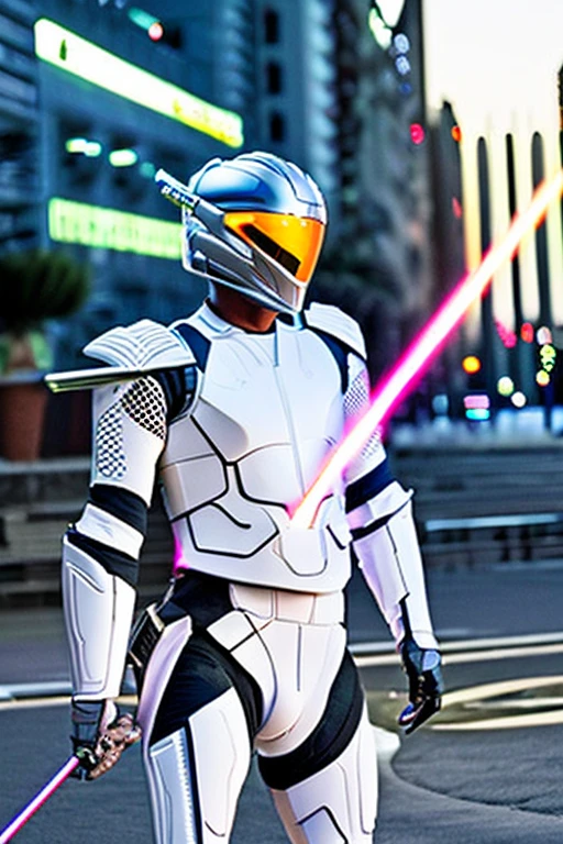 Cybernetic bodysuit and cybernetic helmet(With round dragonfly-like eyes）An image of a man wearing a helmet holding a lightsaber-like weapon in his hand in a city at night with the aurora shining