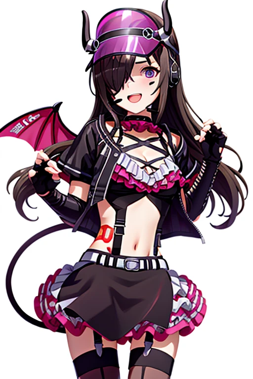 1girl, Uta, purple eyes, long hair, split-color hair, hair over one eye, hair rings, headphones, hllwngm outfit, pink visor cap, headset, black collar, pink demon wings, demon tail, demon horns, cropped jacket, open jacket, crop top, cleavage, suspenders , black detached sleeves, black fingerless gloves , pink layered miniskirt, black waist apron , brown thighhighs, black knee boots