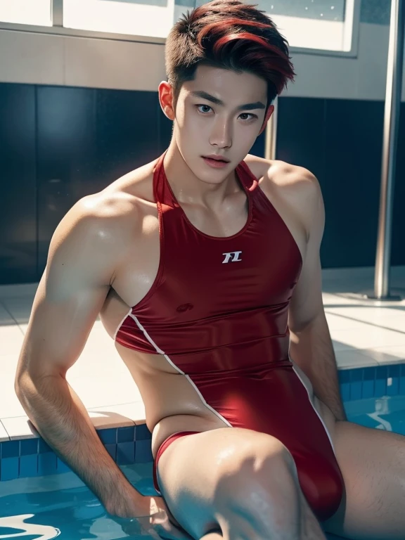 Korean man , teenager、smug , Shiny red swimwear , mens competitive swimwear , boomerang swimwear, vivid red hair ,Even the legs are reflected、In the indoor pool、whole body , realistic handsome Korean face , thin muscles , beardless face、masterpiece、A high resolution、hyperrealism、detailed face、solo、a men、glowing skin、(Asian)、(young、teenager)、Handsome、detailed background、Handsome