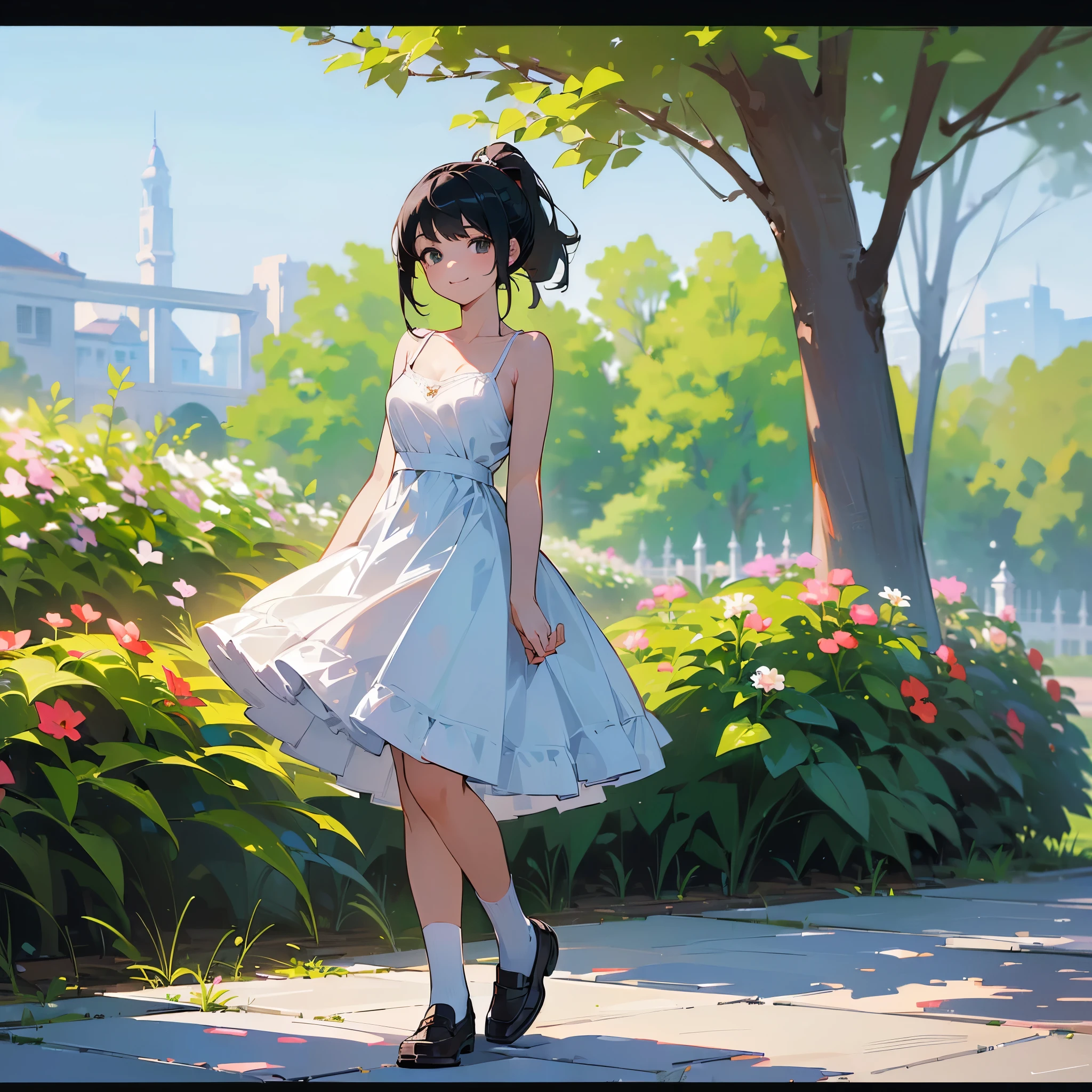(high quality, High resolution, Very detailed, reality:1.37), Peaceful atmosphere, (Outdoor, garden), Teenage girl standing alone, (my breasts are big.), Beautiful details, Cute Smile, (Black hair ponytail), White camisole dress, White socks, loafers.