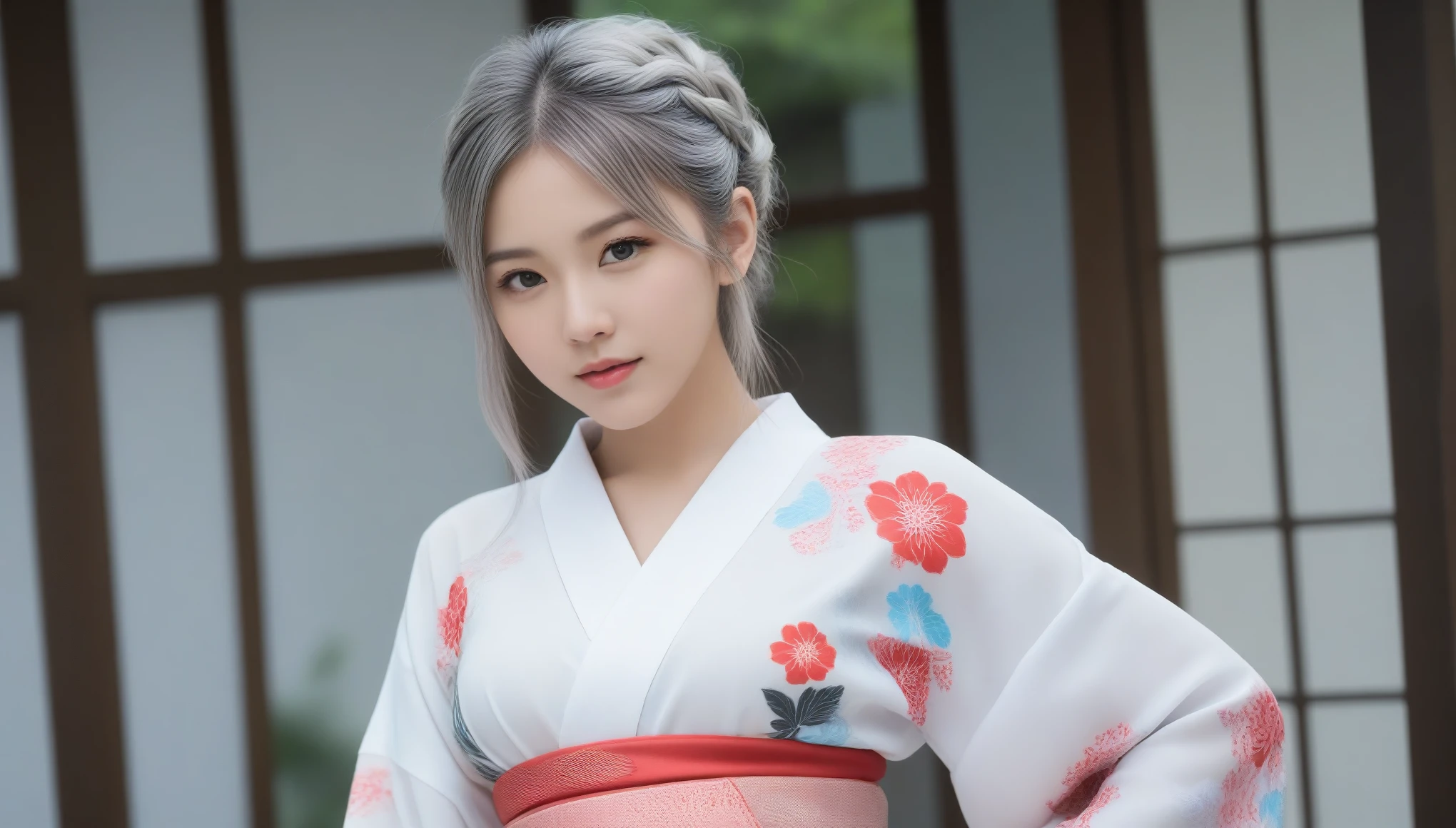 8k, Ultra-high resolution, highest quality, masterpiece, Surreal, photograph, 1 girl, (16 years old:1.3), pretty girl, Cute Face, Beautiful eyes in every detail, 細かくdetailedに,masterpiece,, One Girl:1.2, Japan Female Announcer, One beautiful woman, She is a kimono model、Gorgeous floral patterned kimono、Silver hair braids,Bold Pose,Looking at the audience、beauty,Long neck、Laugh a little、Please close your mouth and laugh、(((Ideal body type))),A cup small breasts :2,、Portraiture:2、Perfect Anatomy、鮮明なdetailed、detailed、Surreal、Light and shadow,Strong light,Fashion magazine cover,Thin lips