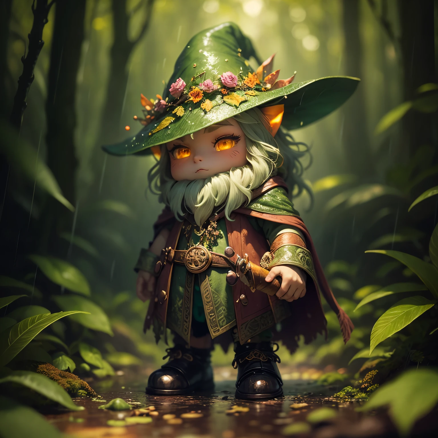 A cute moss covered dewy male wizard, wrinkled old looking skin, close up in a dewy rain forest with pink orange red and yellow forest colors, fall colors, intricate wizarding costume cragged materials, In a tilt-shift, macro-photographed scene with a shallow depth of field, a tiny, iridescent mystic wizard, intricate gnarled leather wizarding boots, its body a mesmerizing mosaic of microscopic mirrors and gears, perches on the velvety, emerald-green edge of a dew-kissed leaf, surrounded by a constellation of glistening, crystal-like droplets that refract and reflect the soft, golden light filtering through the forest canopy above, amidst a tapestry of intricate, lace-like ferns and moss-covered twigs, with the blurred, bokeh-rich background a warm, earthy blend of umber, sienna, and olive hues.