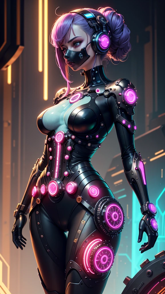 Atomic Heart, Mechanical Girl, adorned with a glass mask that meticulously covers her entire face, showcasing a shiny, sleek metal skin that echoes the intricate mechanical body parts hidden beneath. Her body, a marvel of cybernetic engineering, is adorned with mechanical gears and cogs, spinning and humming with the precision of a well-oiled machine. This scene unfolds in a Cyberpunk-style background, set against a science fiction art style backdrop, awash with vibrant colors and ultra-detailed designs. The lighting effects are realistic and immersive, casting long, dramatic shadows and producing mesmerizing bokeh as the light dances through the