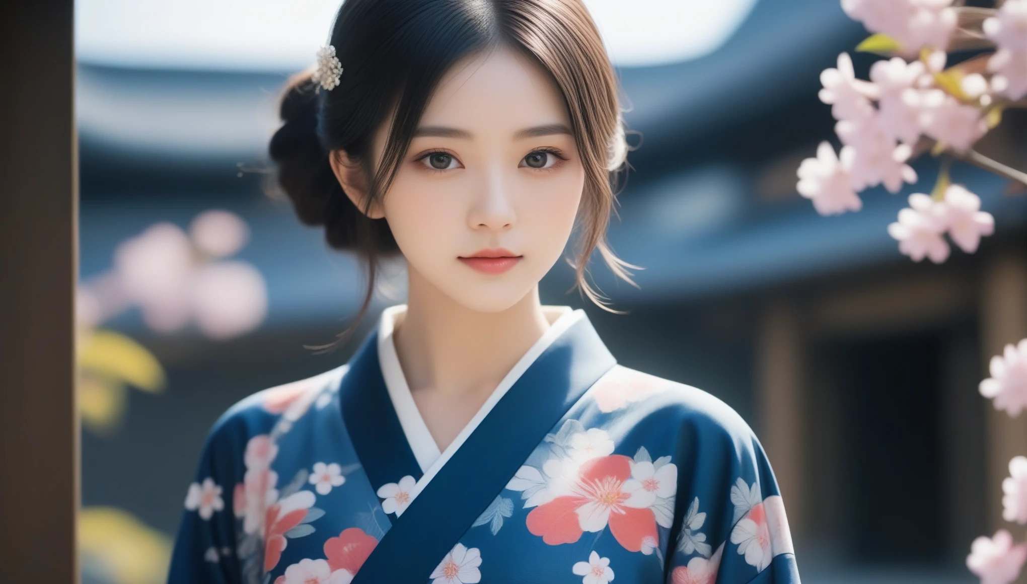 8k, Ultra-high resolution, highest quality, masterpiece, Surreal, photograph, 1 girl, (16 years old:1.3), pretty girl, Cute Face, Beautiful eyes in every detail, 細かくdetailedに,masterpiece,, One Girl:1.2, Japan Female Announcer, One beautiful woman, She is a kimono model、Gorgeous floral patterned kimono、Silver hair braids,Bold Pose,Looking at the audience、beauty,Long neck、Laugh a little、Please close your mouth and laugh、(((Ideal body type))),A cup small breasts :2,、Portraiture:2、Perfect Anatomy、鮮明なdetailed、detailed、Surreal、Light and shadow,Strong light,Fashion magazine cover,Thin lips