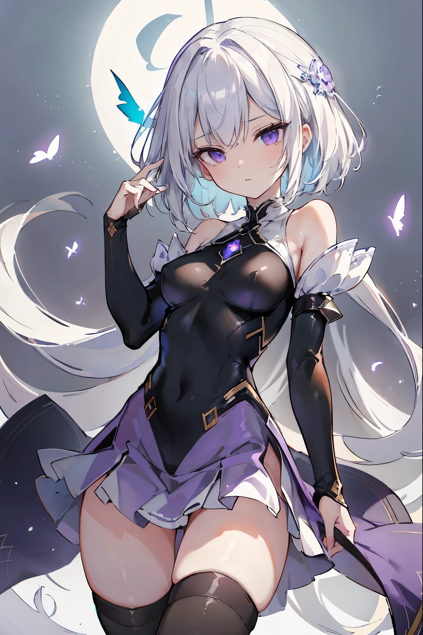 1girl, anime, cute girl, blank background, white background, fantasy, detailed fantasy dress with highlights, beautiful face, beautiful eyes, dark colors, black hair with multicolor streaks, red eye with different color pupil in eye, multicolor eye, medium breasts, slight cleavage, beautiful skin, cute, breast curtains, extremely delicate and beautiful, (beautiful detailed face:1.0), (detailed deep eyes), symmetrical breasts, deep eyes, shiny skin, portrait, slender waist, hips wider than shoulders, thighs, expressionless, young girl, luminous eyes, adorable，（Kpop idol）,（aegyo sal：1），（Platinum blonde hair：1），（（puffy eye）），Black panty，sexy posture，Superskirt, Ultra-high resolution，Black collar，slim figure, Abdominal y tattoo, womb tattoo，Tight-fitting leg ring，y tattoo on half-body，Bare skin, Armored hand，Hidden fingertips，Hand covered，Arm covered，Fist covered,{{beautiful detailed fingers}}, tufts of hair, moderate beautiful breast:1.0,(masterpiece:1.2), best quality, high-res, HDR, perfect face, intricate armor, delicate blue filigree, intricate filigree, red metalic parts, detailed part, dynamic pose, dynamic lights, cute face, neutral expression, shuimobysim, lotus, hanfu, maxi skirt, dress conservatively 1girl, solo, long blue hair, standing, One lady,14years,((White hair) ,(Shiny purple bodysuit with microskirt),((Fantasy, Moon Night))