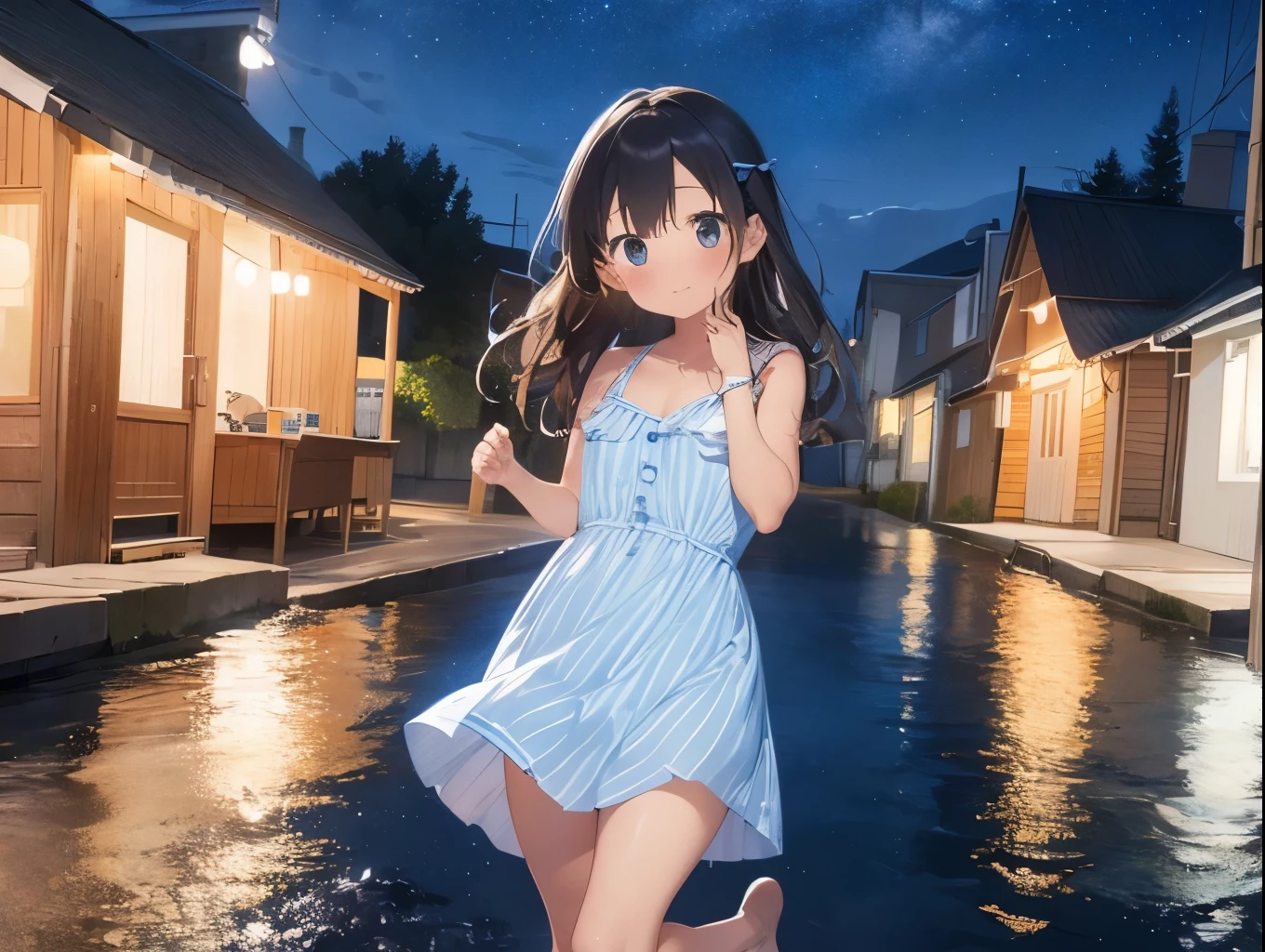 Big Dipper、Night view of the port town and starry sky、Light blue striped shirt dress、Sandals for bare feet、Sister Skirt Flipping、Her dress flips up to reveal her cute white underwear、Cute white underwear that shows off your guts