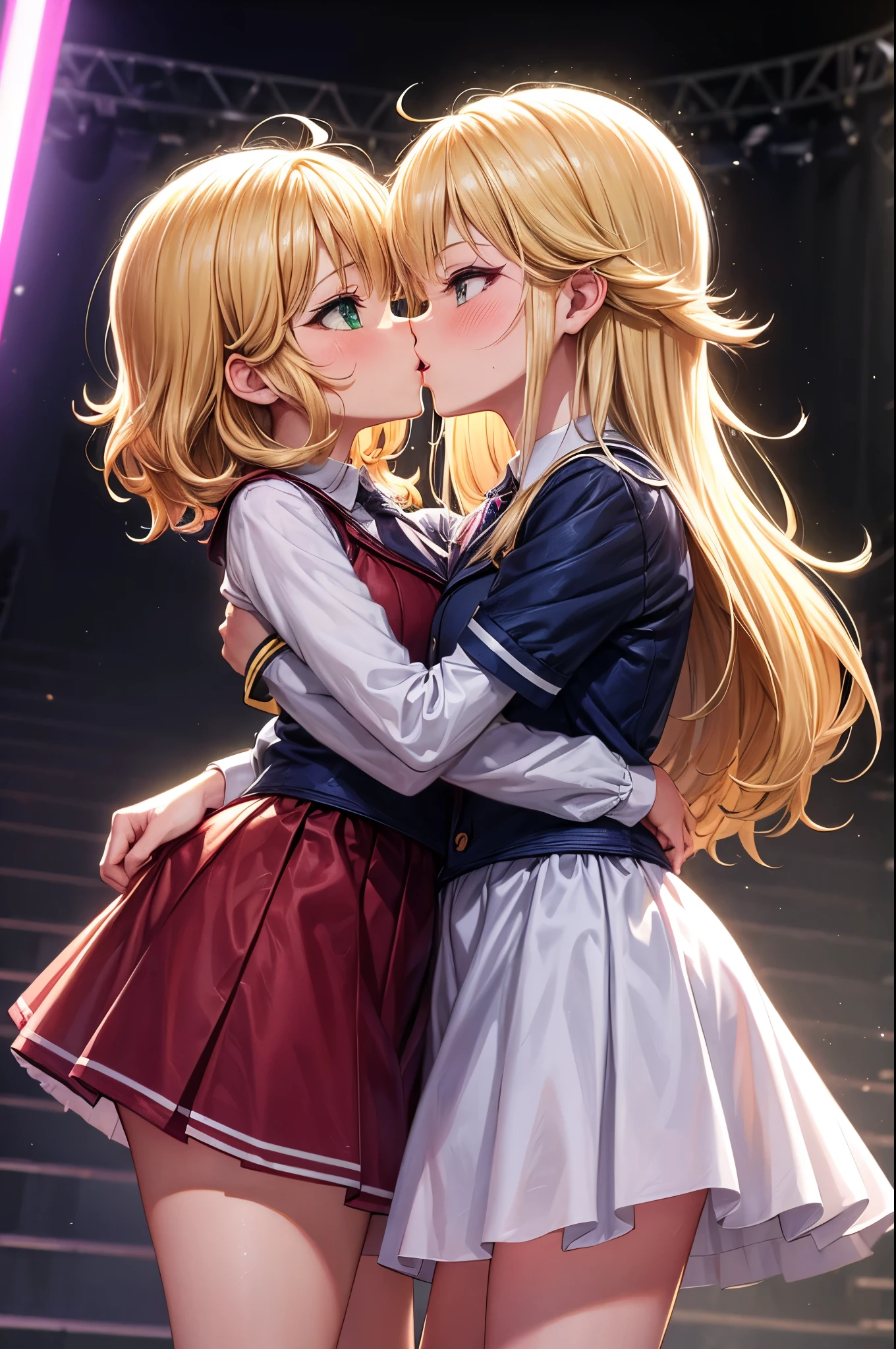 best quality,2girl,yuri,twins,((((10 years old:1.3)))))),curvy,orgasm,blush, sweat,blonde hair,t-shirt,pink skirt,mini skirt,stage,lift skirt,upskirt,lace panties,white panties,white kneehighs,sakurai momoka,hug,girl hugs girl,kiss