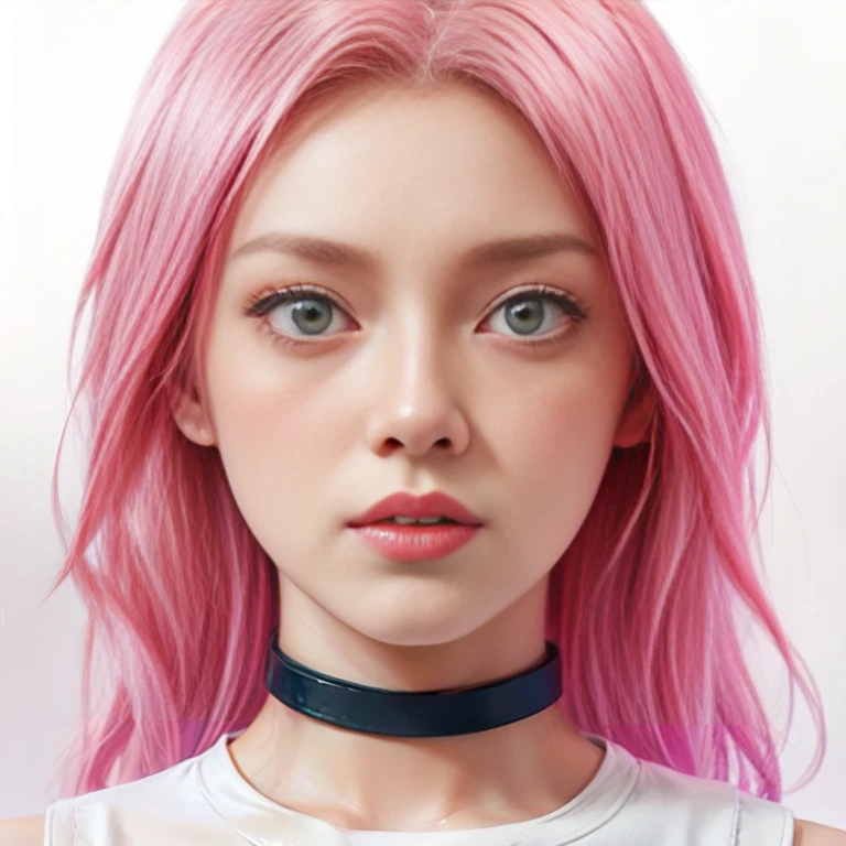 young woman, short shoulder-length pink hair, wide forehead, porcelain skin, pink eyebrows, big emerald green eyes, buttoned nose, full lips, heart-shaped face, slender body, small breasts, red tank top, Sakura Haruno , realistic, realism, details, 3d, well detailed