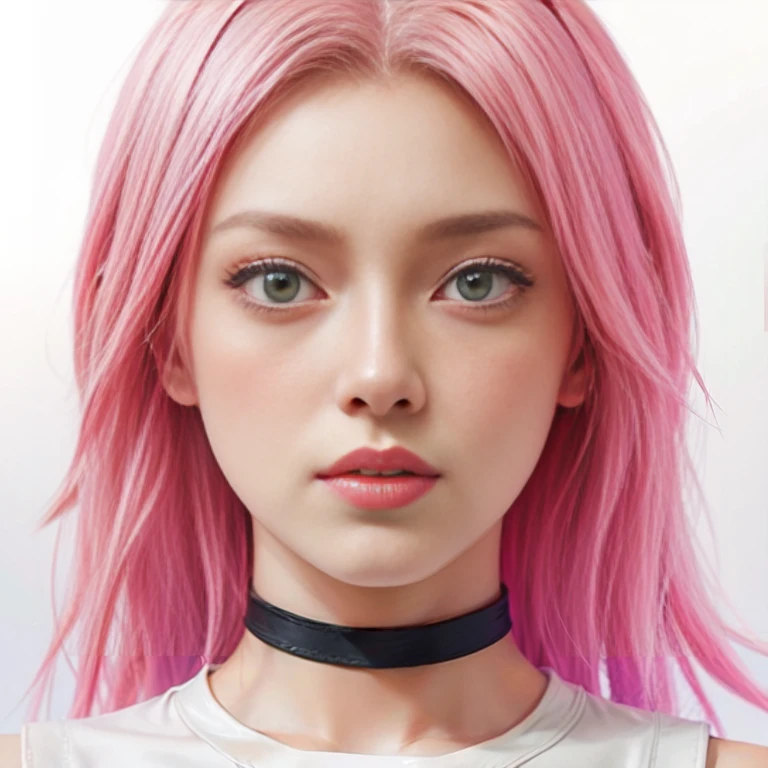 young woman, short shoulder-length pink hair, wide forehead, porcelain skin, pink eyebrows, big emerald green eyes, buttoned nose, full lips, heart-shaped face, slender body, small breasts, red tank top, Sakura Haruno , realistic, realism, details, 3d, well detailed
