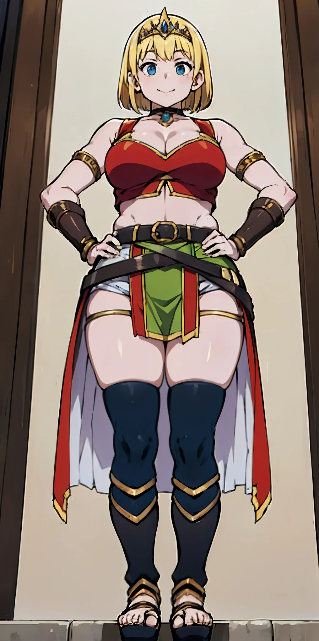 full body whole body 1sologirl loincloth standing warrior proud expression, hands on hips, metal sandals, choker, big belt, view from below, feet together, bracers, tiara