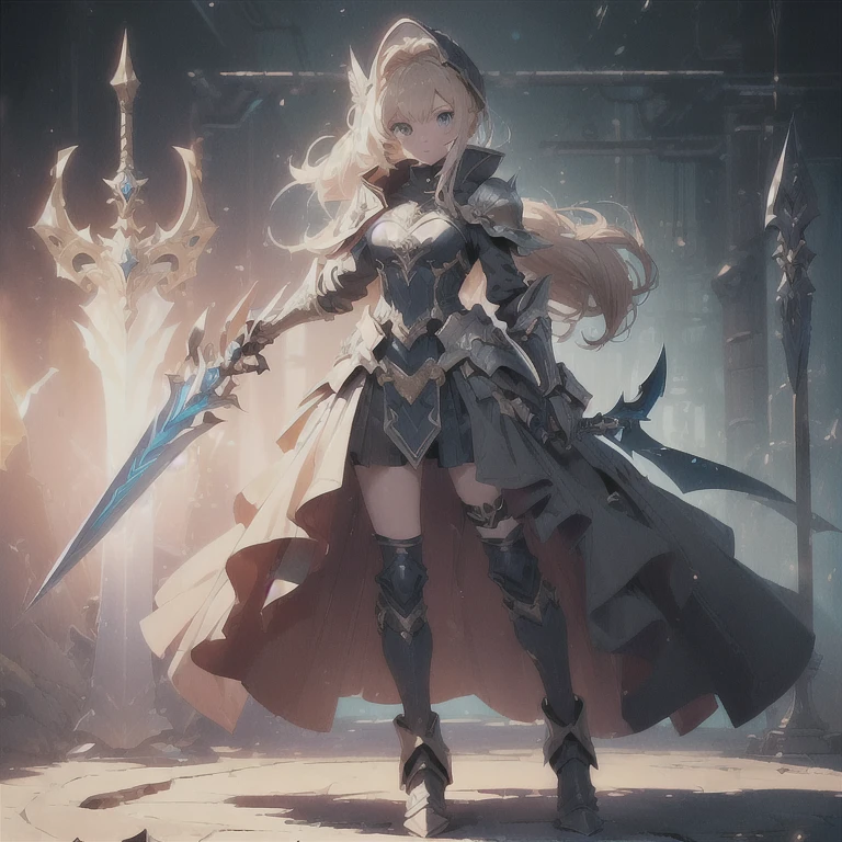 Design a layout showcase Gaming character, (1girl). Golden+Purle clothes, stylish and unique, ((showcase weapon:1.4)), magic staff, (masterpiece:1.2), (best quality), 4k, ultra-detailed, (Step by step design, layout art:1.5), (luminous lighting, atmospheric lighting), magican, ((glove full hands)), (((revealing clothes:1.3))), vambraces, armored legwear, (((full_body_shot:1.4)))