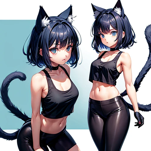 A girl with dark blue hair, cat ears and a tail, wearing a tank top and leggings, and a lolita figure.　Loli body type　