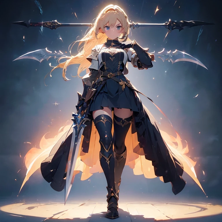 Design a layout showcase Gaming character, (1girl). Golden+Purle clothes, stylish and unique, ((showcase weapon:1.4)), magic staff, (masterpiece:1.2), (best quality), 4k, ultra-detailed, (Step by step design, layout art:1.5), (luminous lighting, atmospheric lighting), magican, ((glove full hands)), (((revealing clothes:1.3))), vambraces, armored legwear, (((full_body_shot:1.4)))
