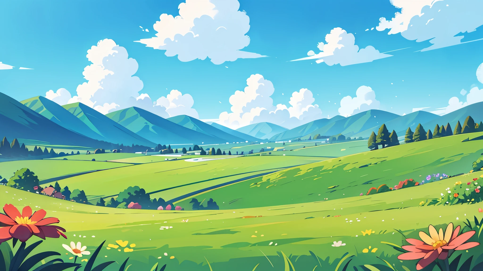chibi landscape background blue sky clouds, flat ground green grass, flowers, flat terrain
