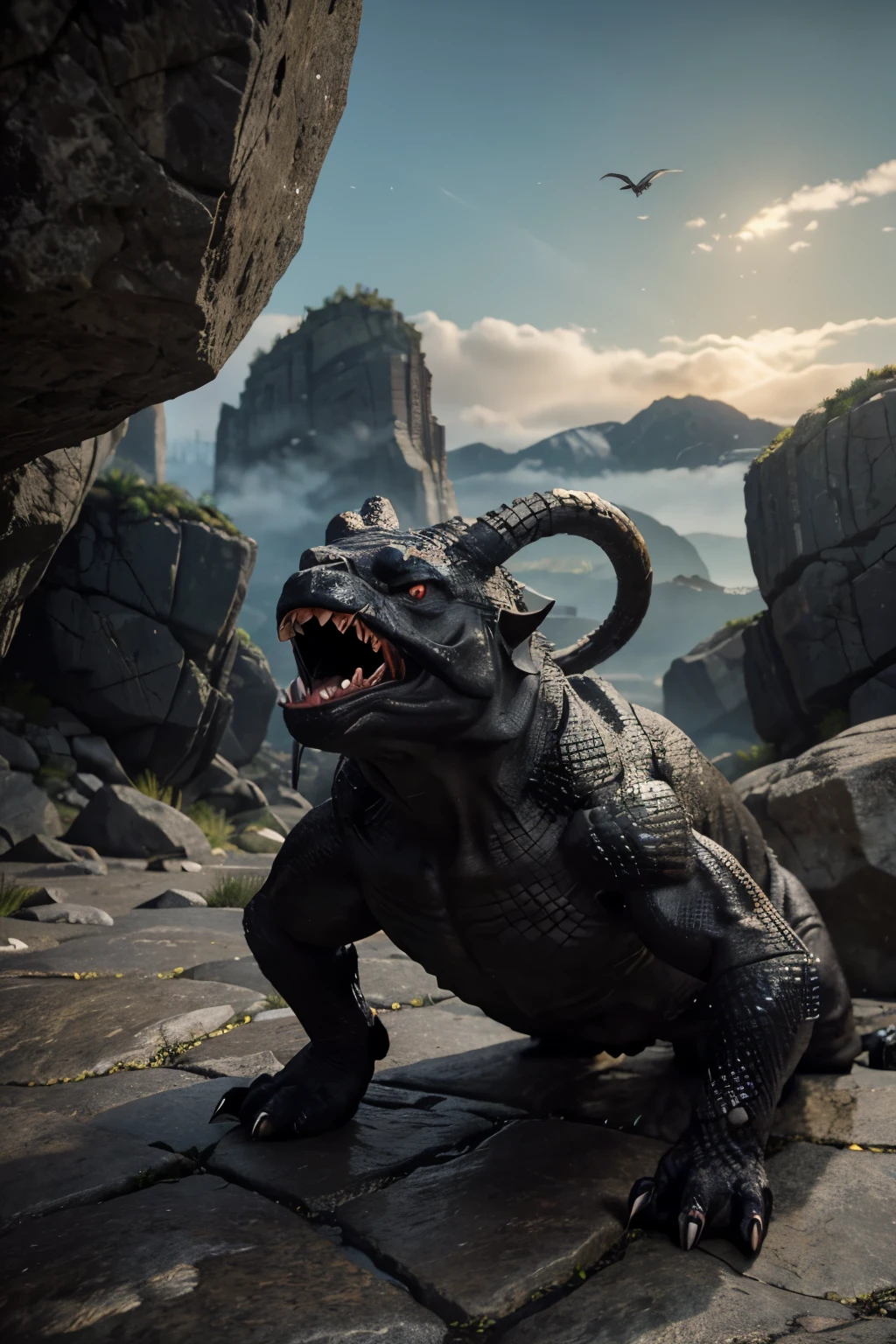 An Unreal Engine style monster with a body shape like a snake made of stacked stones, a scary face with sharp, glowing eyes, thick eyebrows, and a wide mouth open wide facing the sky with sharp teeth, releasing an attack of rocks from its mouth, positioned with its head facing upwards. It has a long sturdy body similar to Onix with a smooth texture, dynamic lines, flexible rock-hard skin, strong joints, a sharp stone fin on the back, and a fallow tail. The background is rocky mountains with many boulders, with mist or fog around the mountains. Add a horn on its forehead. Include Japanese kanji for 'stone' on its body. 