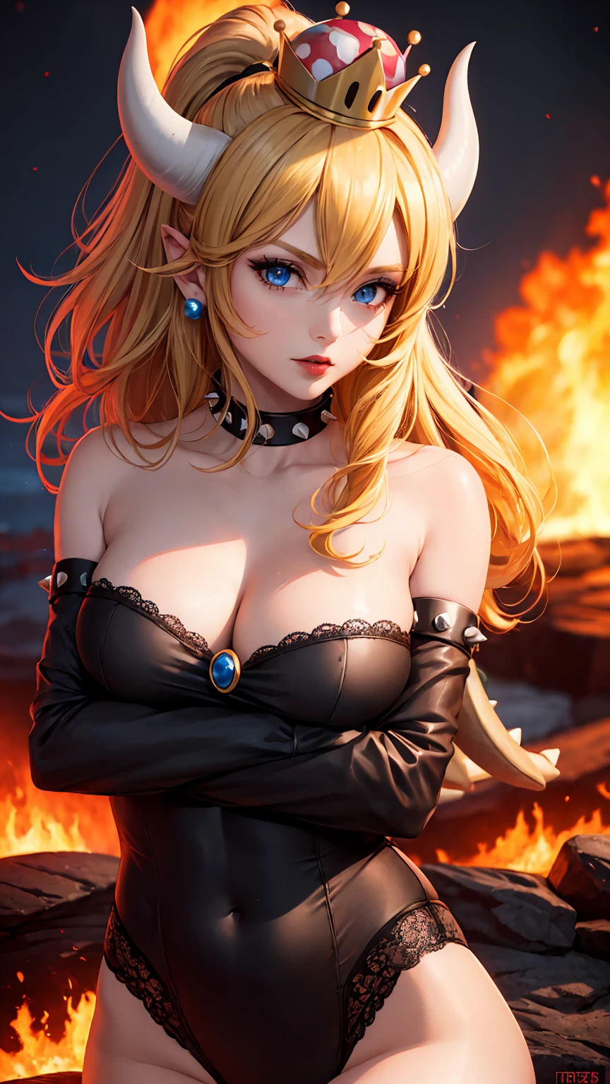 ((high detailed, best quality, 4k, masterpiece, hd:1.3)), ((best quality)), (((HD))), (((8k))), (ultraDH), (ultra HD), Princess Daisy, blue eyes, BREAK blue eyes, seductive, attractive, smooth anime cg art, 36C breasts, long legs, vivid colors, detailed digital art, slim body, perfect skin, dark blonde hair, long hair, blonde hair, blonde hair, BREAK crown, cleavage, 36C cleavage, looking at viewer, BREAK looking at viewer, extremely detailed face, red santa suit, red santa claus suit, santa claus suit, earrings, gem, dark black makeup lips, dark gothic eyeshadows, dark eyeshadows, black eyeshadows, black sexy lips, black lips, (dark:1.2), dark lips, very dark lips, (perfect hands, perfect anatomy), black makeup, black medium lips, black thick lips, detailed fingers, five fingers per hand, 5 fingers, (1 girl), detailed lips, detailed black lips, black painted lips, gothic painted lips, BREAK night, night sky, (breast focus), (arms outstreched:1.2), (from above:1.1), (breasts out:1.3), (off shoulder:1.1), (white horns), (bra), inside a lava castle, she inside a sea of lava, she bathing in lava,