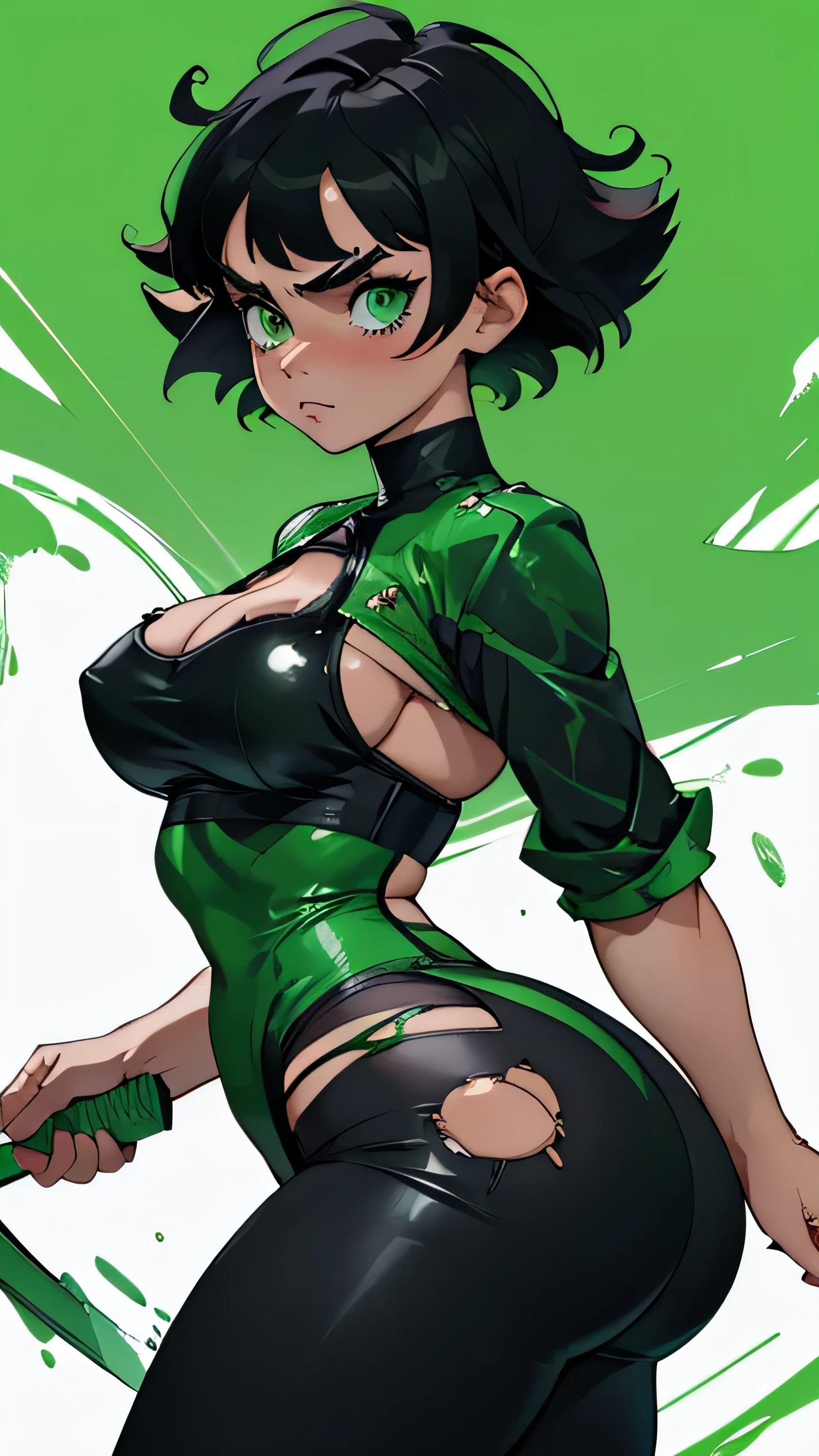 Buttercup from Powerpuff Girls as a Violent Mature Themed Action Anime, bloody battle damage and wear, ecchi Damaged and Ripped clothes, curvy big ass, green and black outfit, ecchiy, getting fucked roughly:1.4