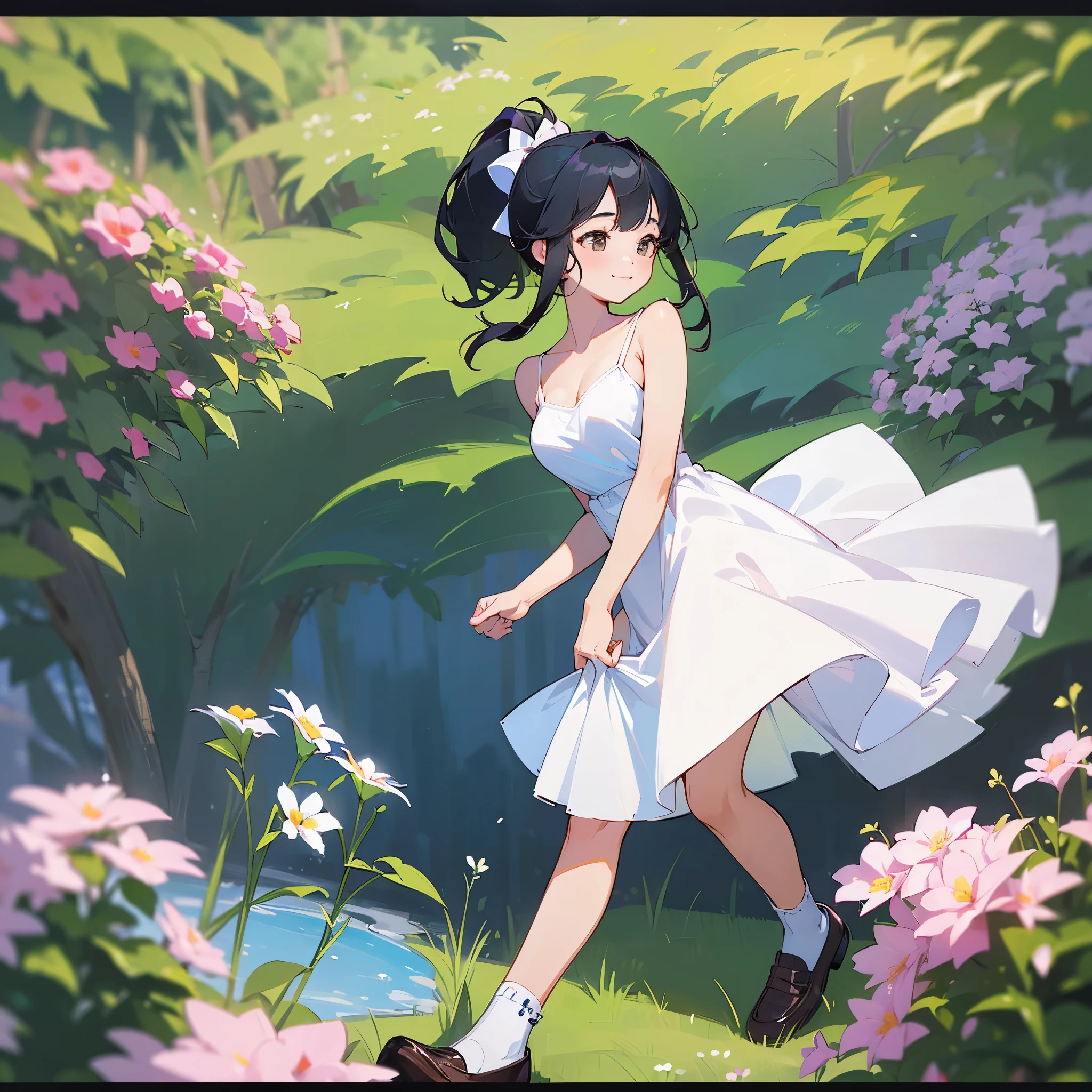 (((masterpiece)))(((best quality))), anime style ,(beautiful detailed girl), 1girl ,solo,<lora:animetarotV51:1> tan skin, anime style, long thigh length dark black hair styled in a loose side braid with daisies, emerald colored eyes, wearing a loose off shoulder white short sleeve cotton croptop, midriff exposed, loose short flowing white knee length skirt with a white bow on the side, brown string bracelets, a white daisy flower crown, thin brown waist-chain with daisies, barefoot, thin brown string anklets, blushing, smiling, walking, having fun,<lora:sdxl-1.0_makoto-shinkai:1> very dense mossy birch forest, night time, spring season, very faint crepuscular moonlight, trees branches cover the sky, daisies cover the ground, faint warm magical lighting from ground, breezy weather, the girl's hair blowing in the wind, the girl's skirt is blowing in the windm low middle shot from the front