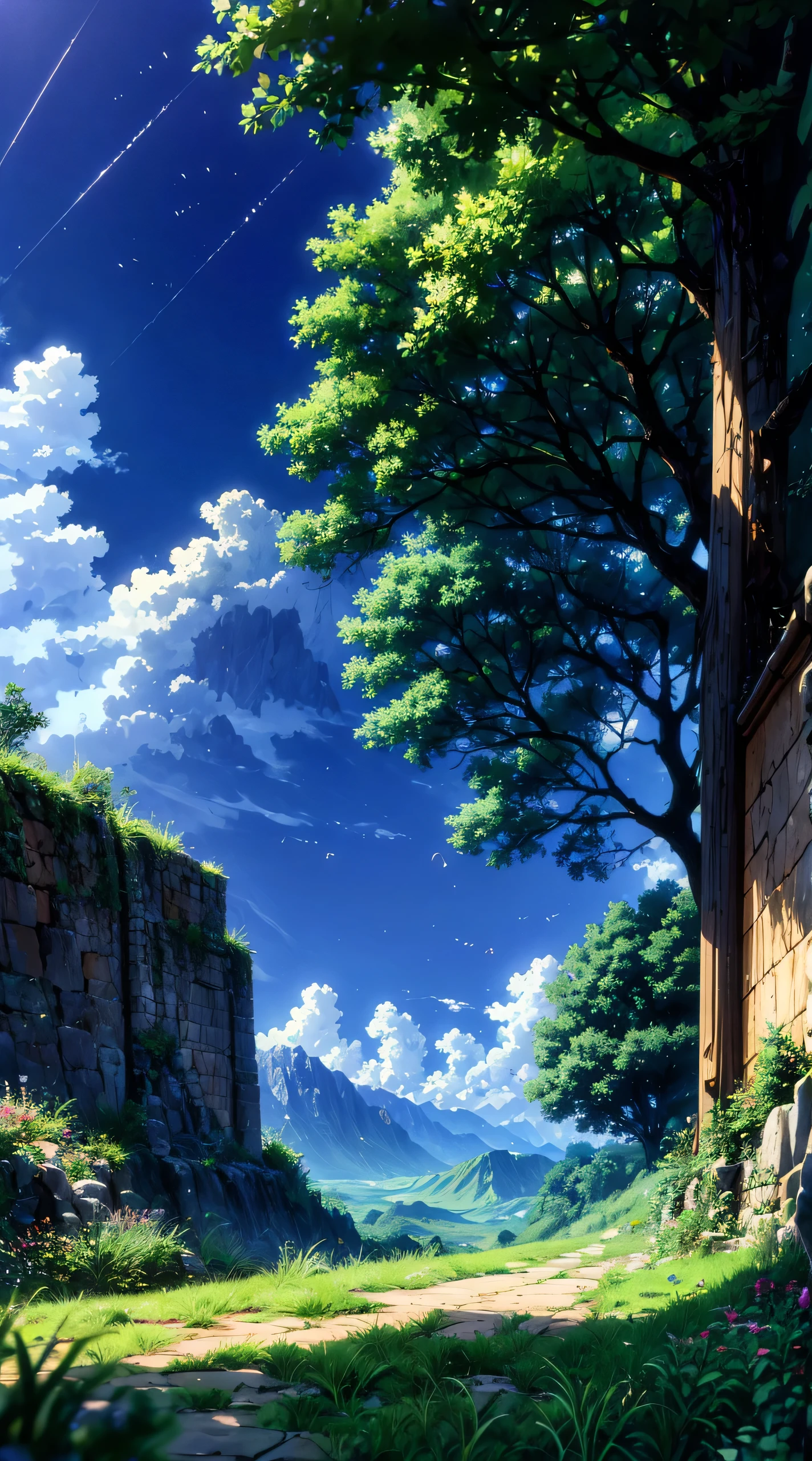 a painting of a boy standing on a hill looking at a valley, by sylvain sarrailh, cover game art, epic full color illustration, silvain sarrailh, makoto shinkai cyril rolando, inspired by sylvain sarrailh, board game cover art, fantasy rpg book illustration, official artwork, inspired by Cyril Rolando, background artwork(glowing fireflies and butterfiles )(greenery view)(bright blue shinning sky)(night view)(borkeh effect)(far angle view)