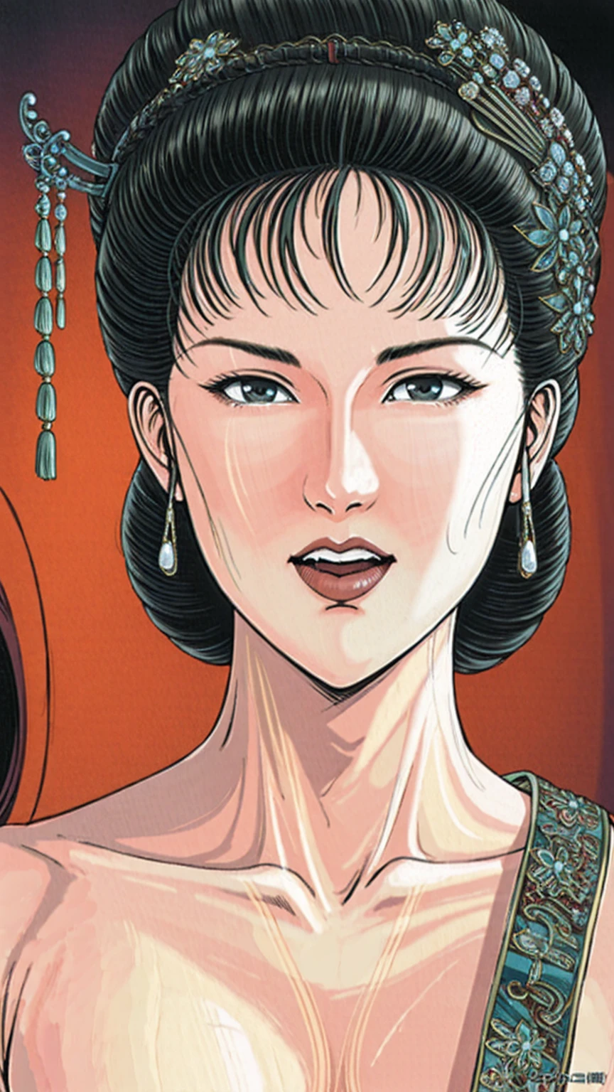 (best quality), (very aesthetic), (ultra-detailed), (best illustration),(a mature female),(NSFW),(perfect face),Suikoden,Mrs. Lin,((full_body)),((full_nude)),red cheek,sweating,skinny,flushed skin,hairly pussy,((Panting)),chinese traditional bed room,White semen on the body,White semen on lips