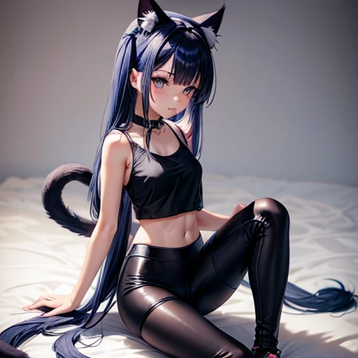 A girl with dark blue hair, cat ears and a tail, wearing a tank top and leggings, and a lolita figure.　Loli body type　Spreading legs　